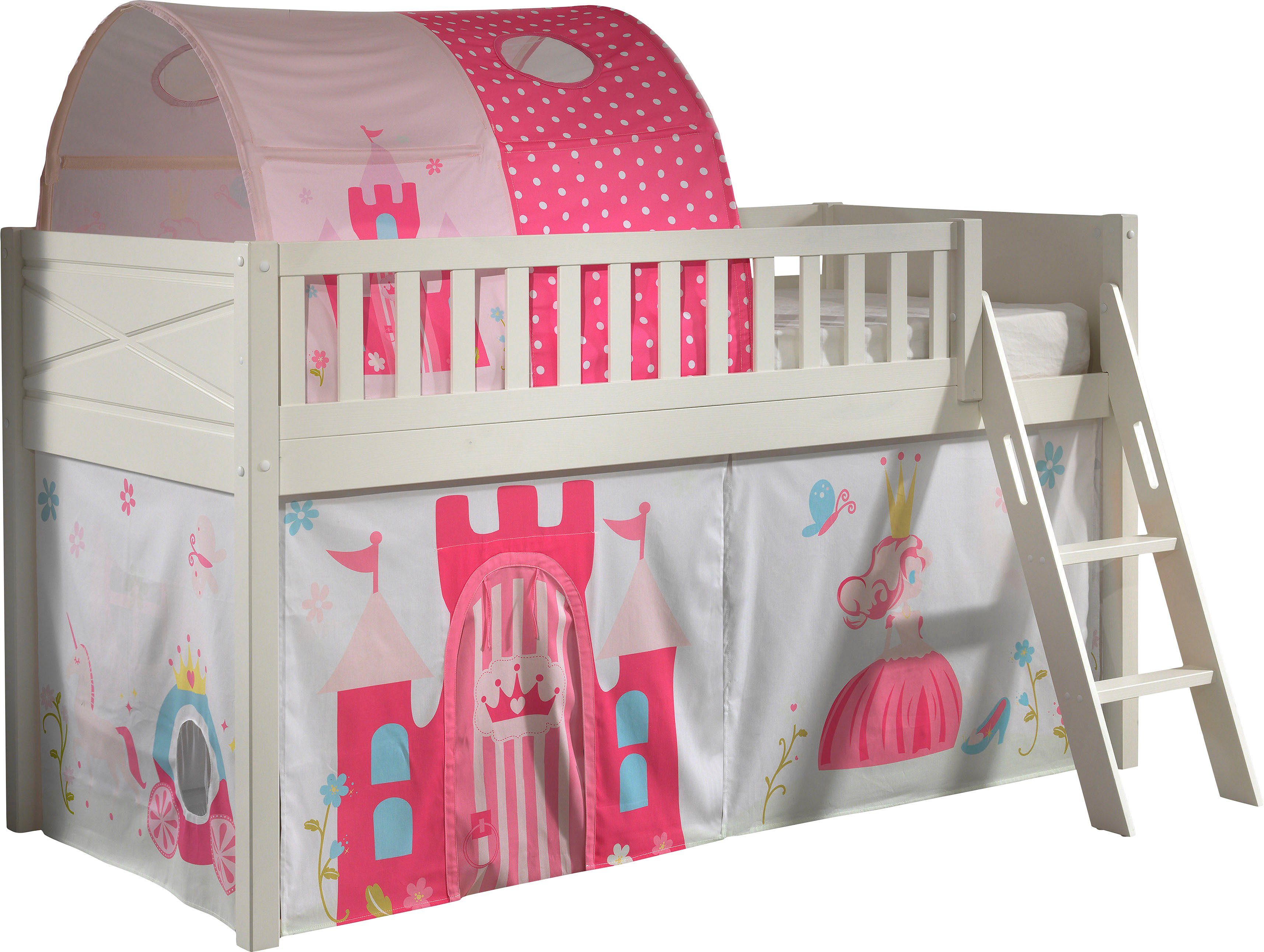Vipack Hoogslaper Scott met schuine ladder, ligoppervlak 90 x 200 cm, doek, tunnel, 4 designs hoogslapers maat 134,7 cm x 207,6 cm x 114 cm wit
