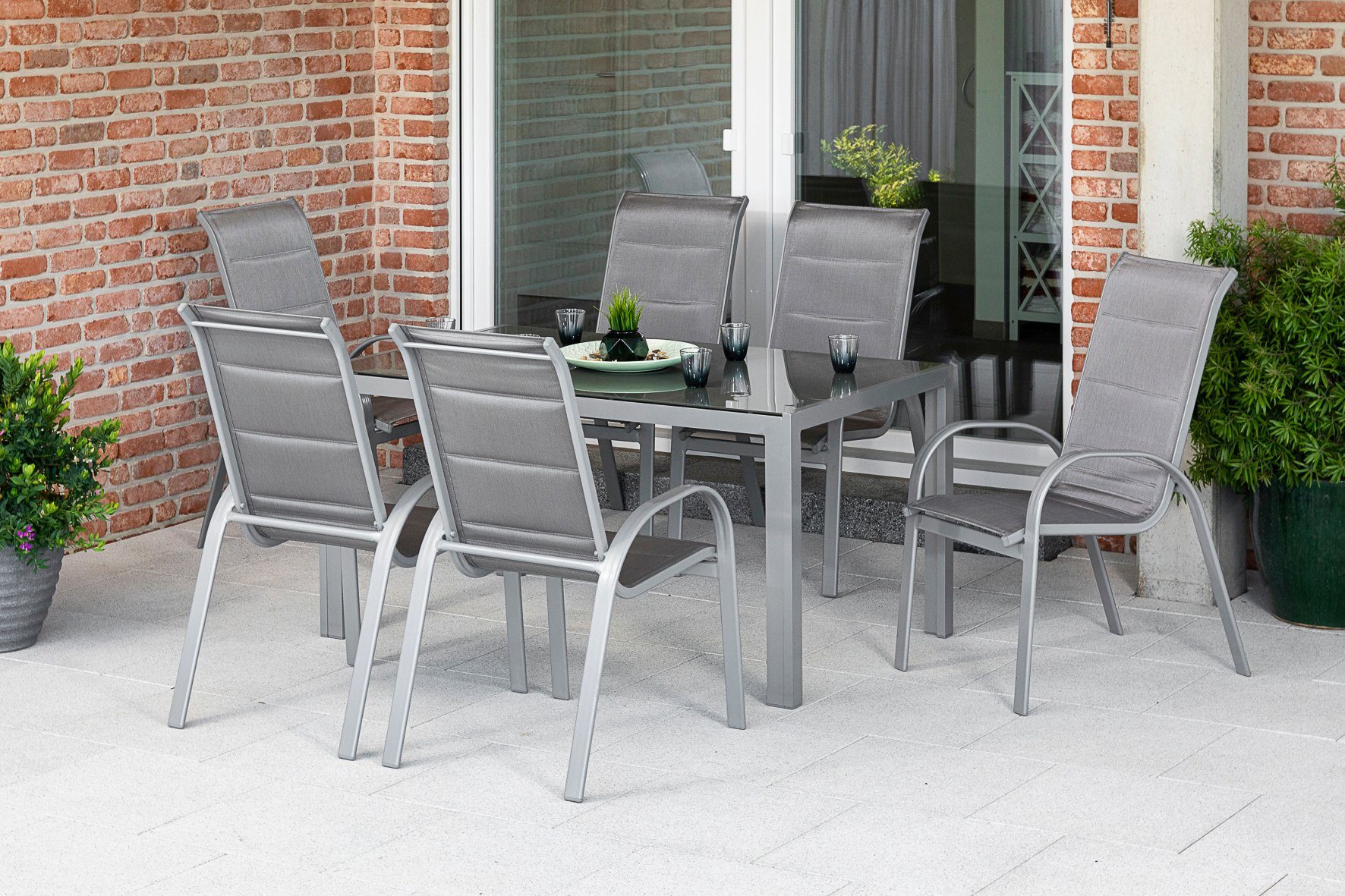 MERXX Tuin-eethoek Amalfi di lusso 4 stapelstoelen, stoel met een hoge rugleuning, tuintafel (7-delig) tuinsets bruin