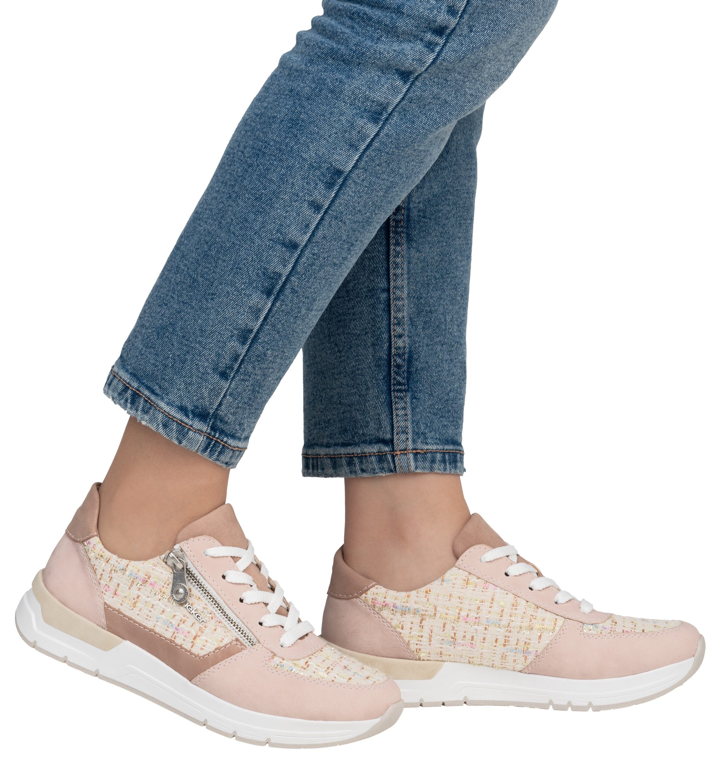 Rieker Sneakers met sleehak lage schoen freizeitschoen casual veterschoen in materialenmix