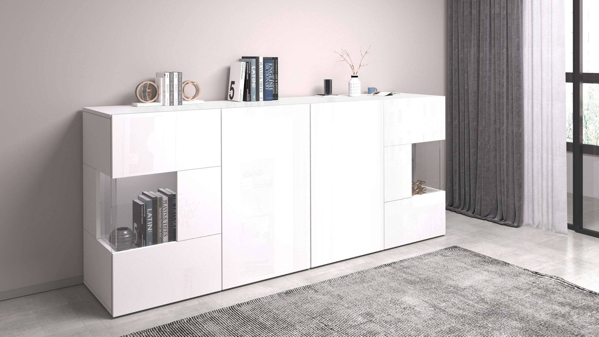 INOSIGN Dressoir Egypte, Ladekast, Kast, Buffet, Vitrine greeploos 4 deuren waarvan 2 met glas inzet, compleet hoogglans gelakt, breedte 180