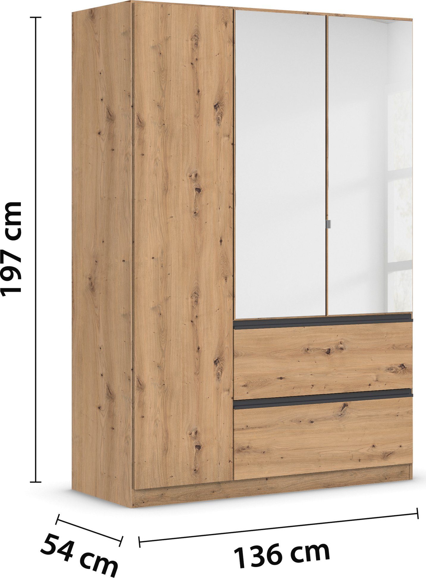 rauch Draaideurkast Kledingkast Kast Garderobe Wasmand COSTA in 3 Breedtes met spiegel, greeploos front en push-to-open functie made in germany