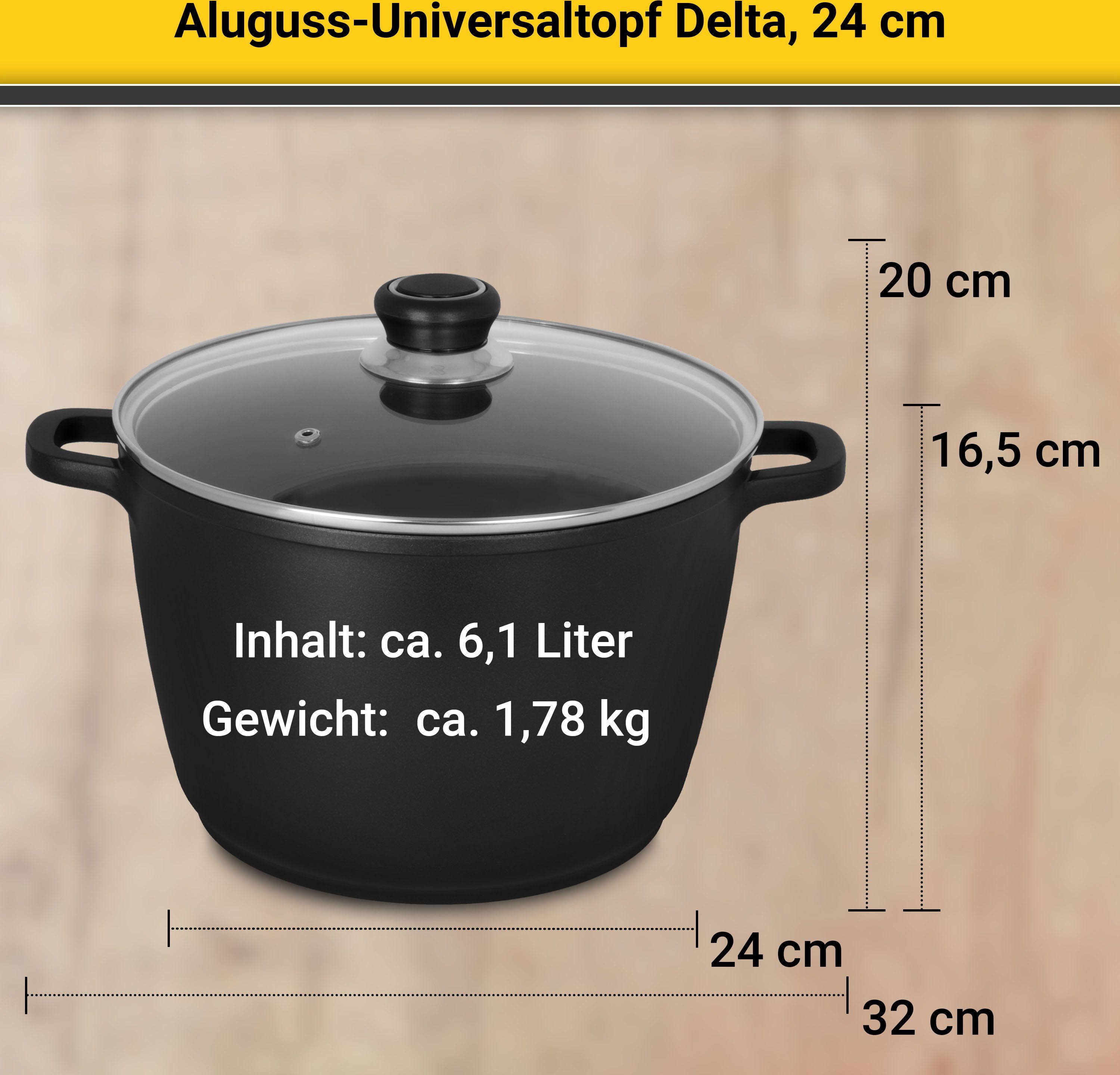 Krüger Kookpan Gietaluminium universele pan met glazen deksel delta, 24 cm