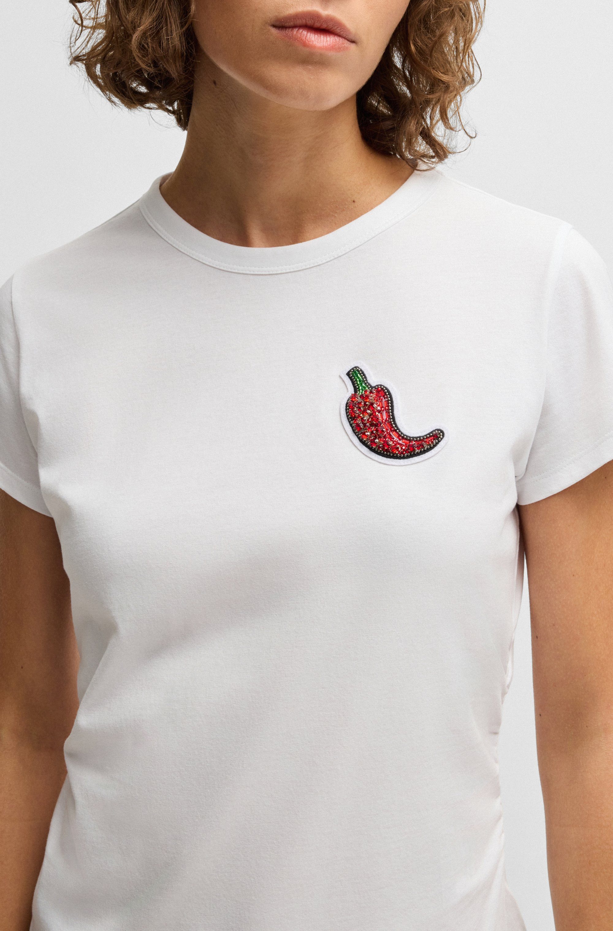 Boss Orange T-shirt C_Endora met plooien, glinsterende badge