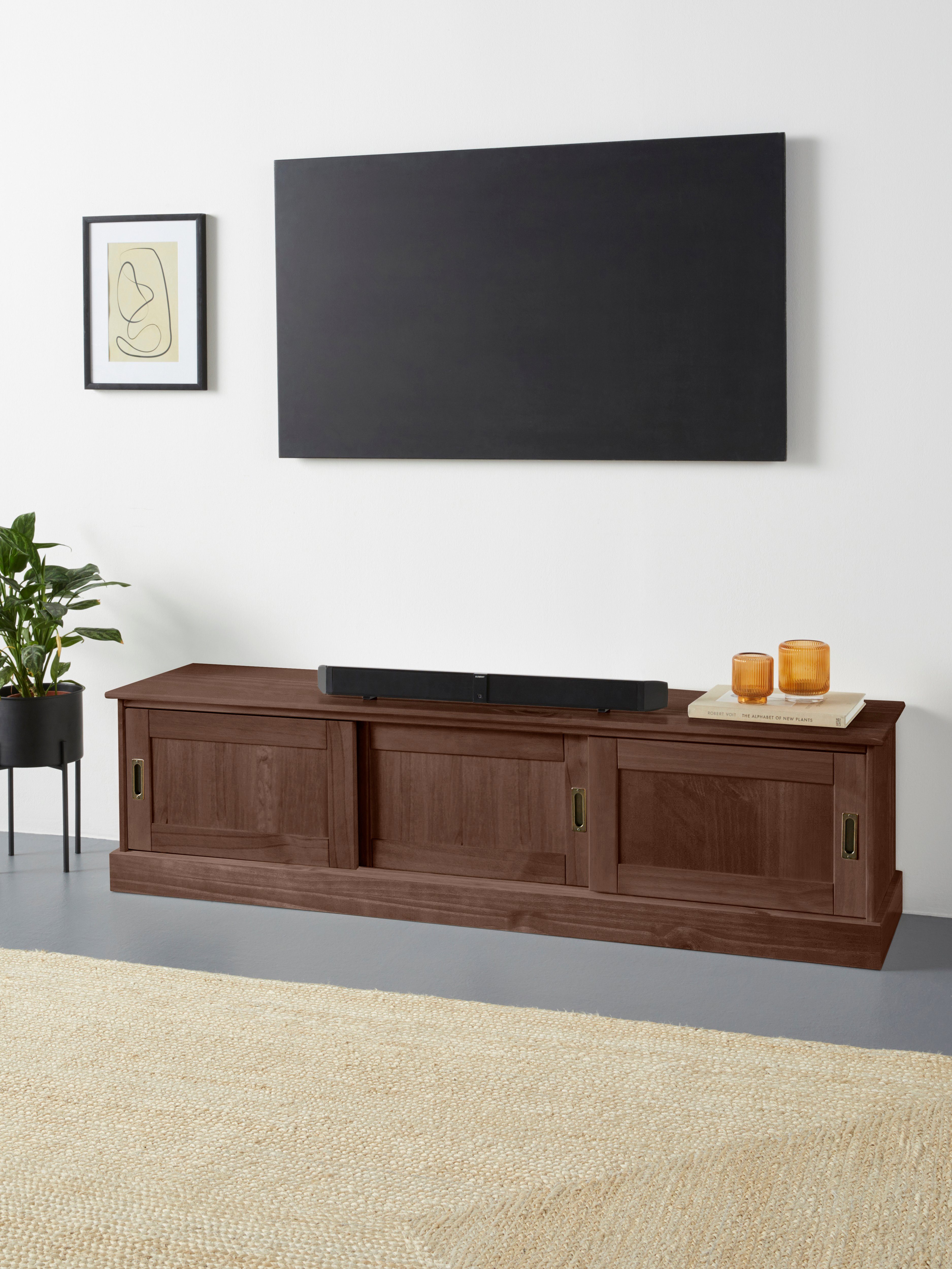 Home affaire Tv-meubel Schröder Commode met 3 schuifdeuren, van massief dennenhout lowboards bruin