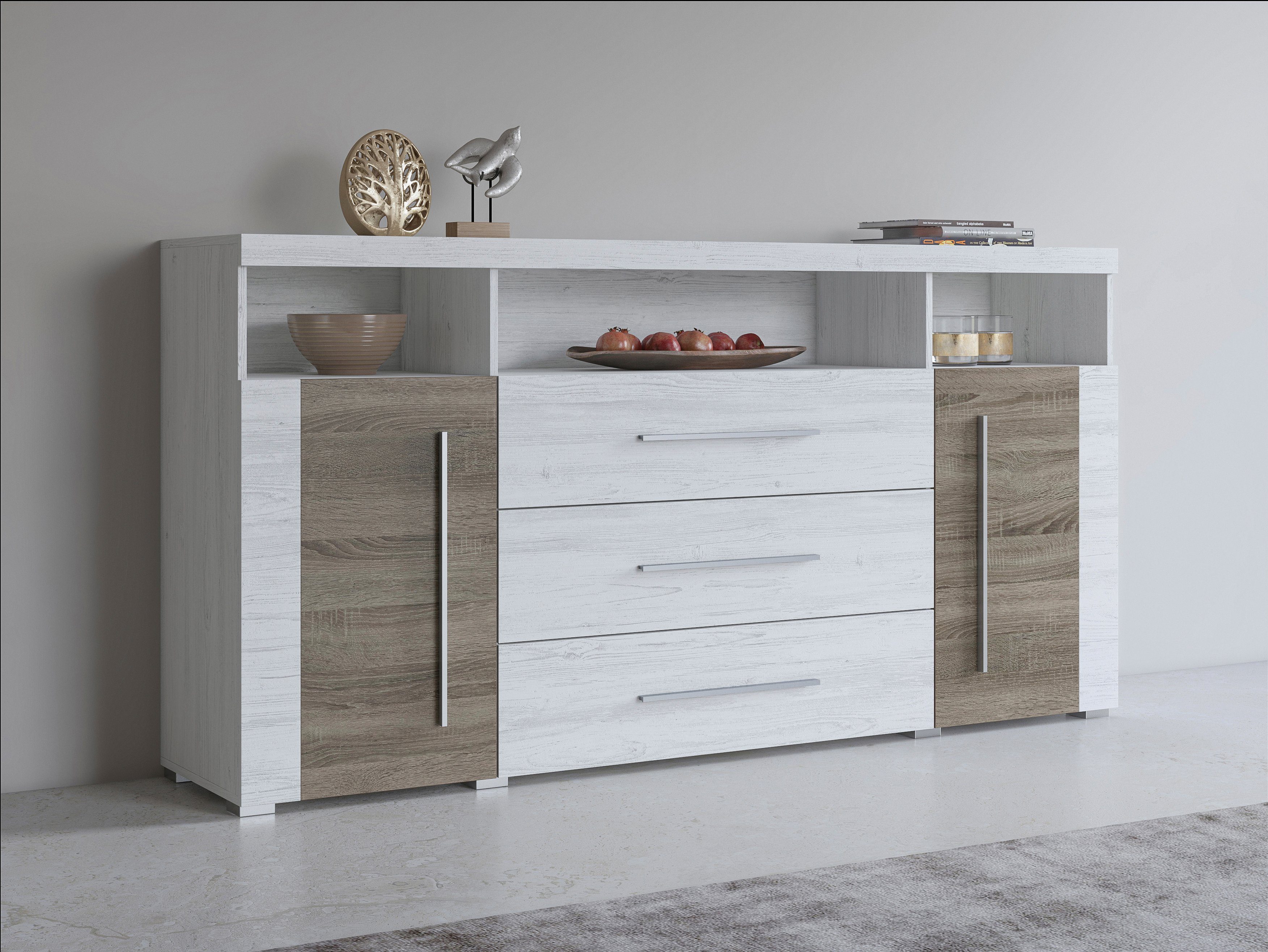 INOSIGN Dressoir Roger, breedte 182 cm, stijlvolle kast, 2 houten deuren 3 laden dressoirs beige