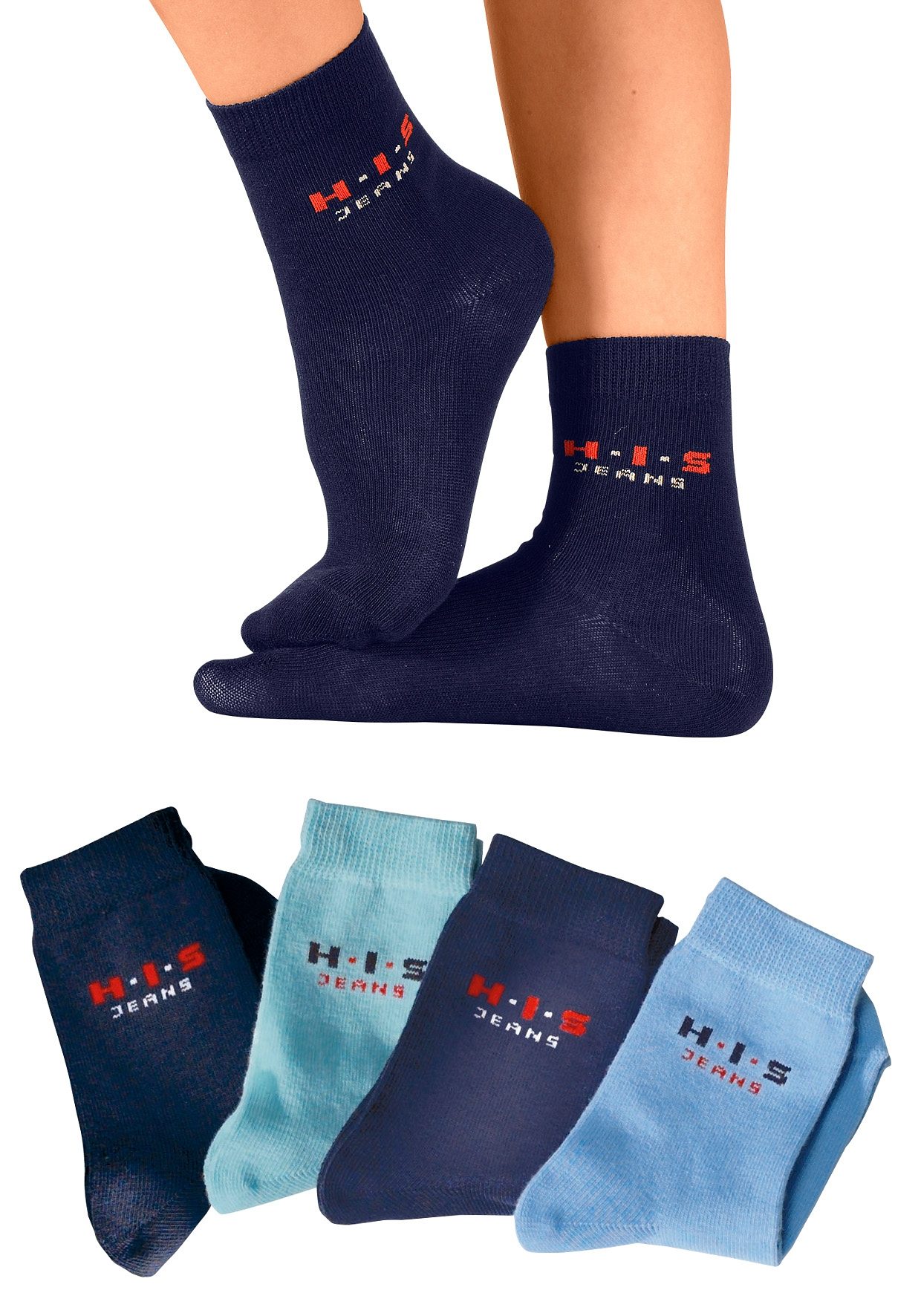 H.I.S Basic sokken met contrastkleurig logo (set, 4 paar)