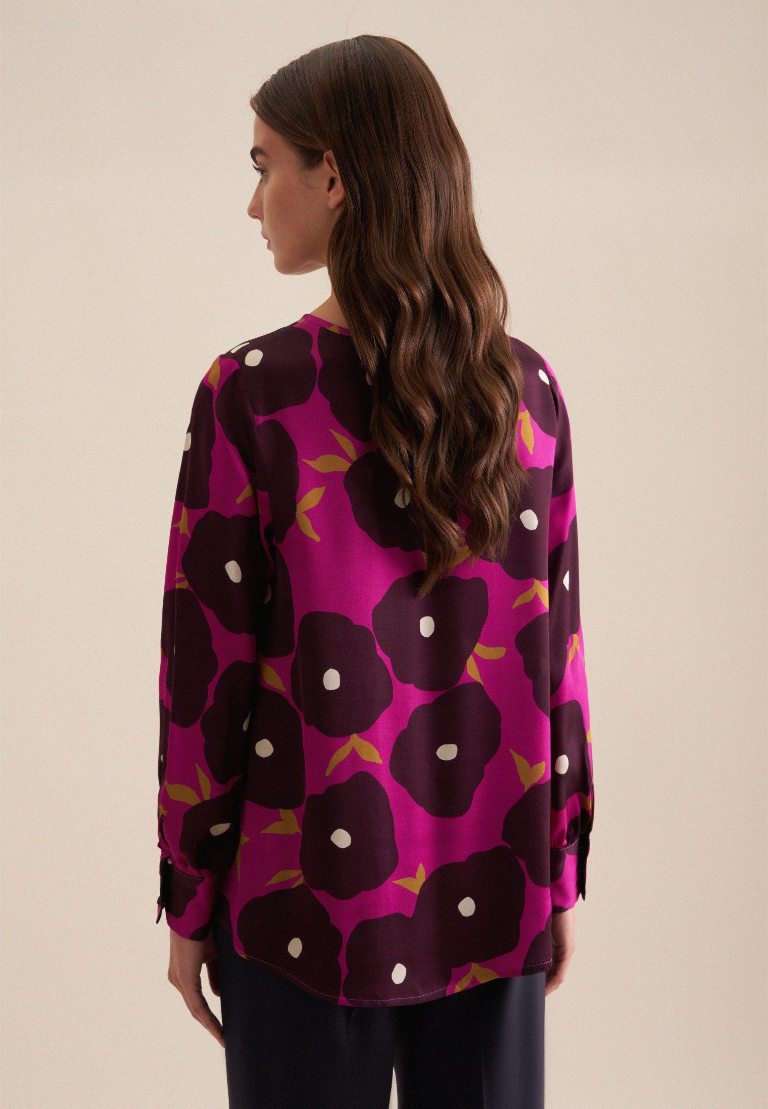 seidensticker Shirtblouse Zwarte roos Lange mouwen ronde hals print