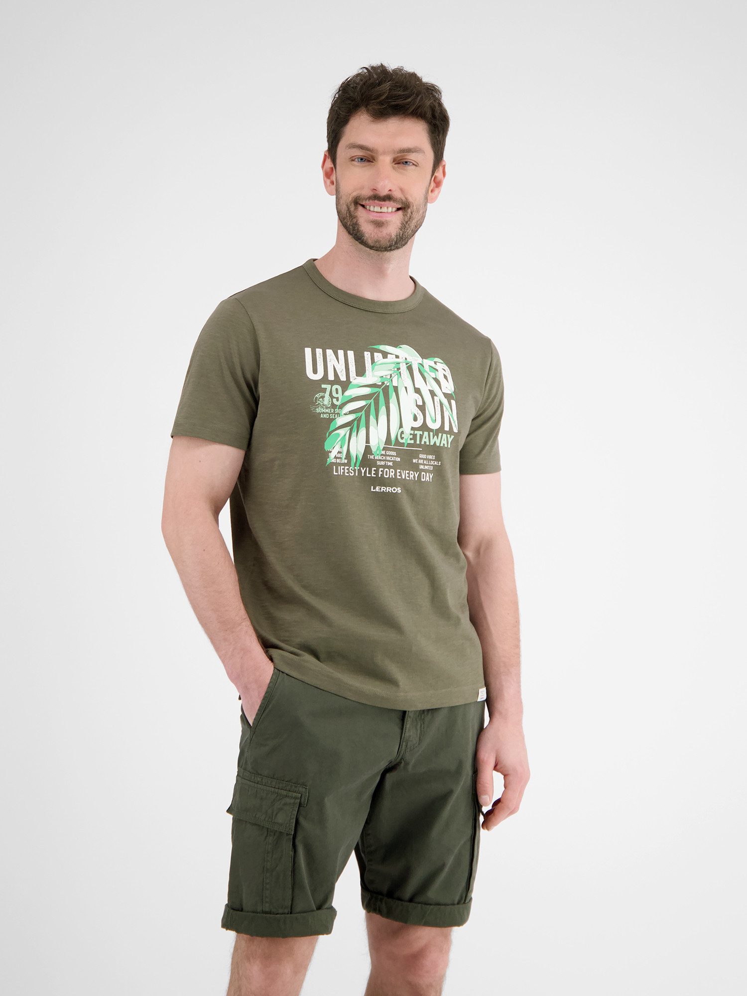Lerros T-shirt LERROS heren T-shirt met borst-print heren t-shirts maat S groen
