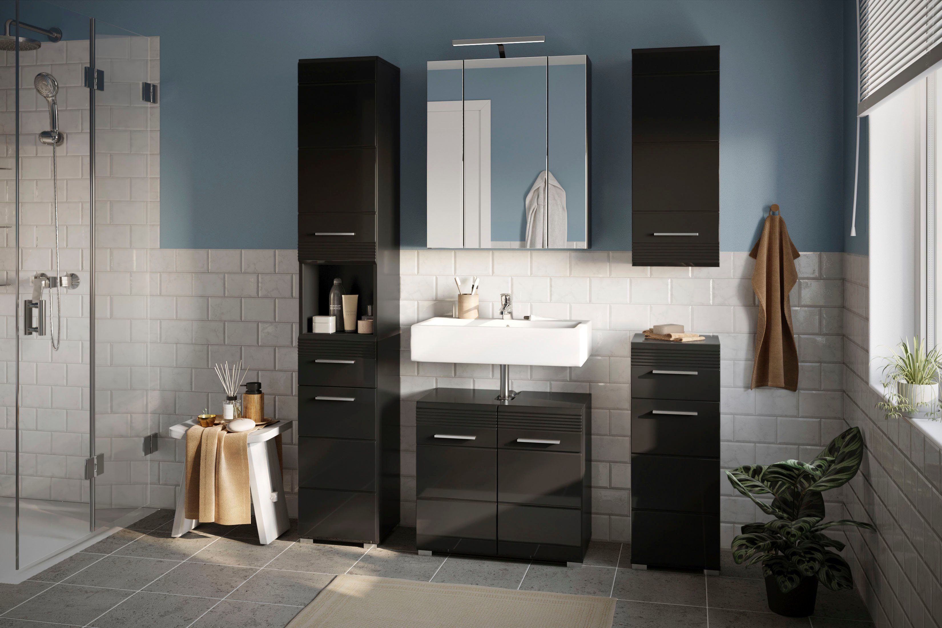 inosign badkamerspiegelkast malmoe badkamermeubel, spiegelkast incl. lamp, breedte 60 cm (set) zwart