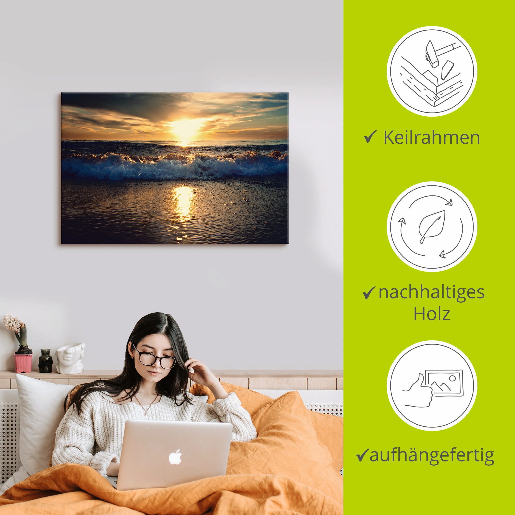 Artland Artprint Zonsondergang aan zee als artprint van aluminium, artprint voor buiten, artprint op linnen in verschillende maten
