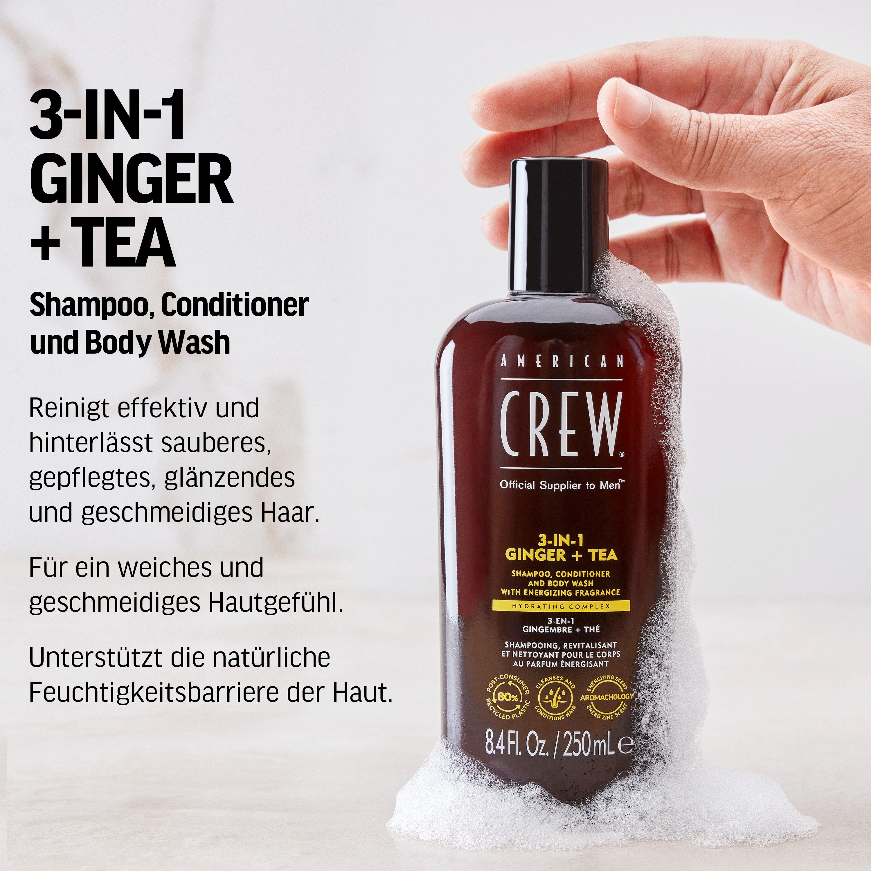 American Crew Haarshampoo 3-in-1 Ginger & Tea shampoo, conditioner & body wash 450 ml (1-delig)