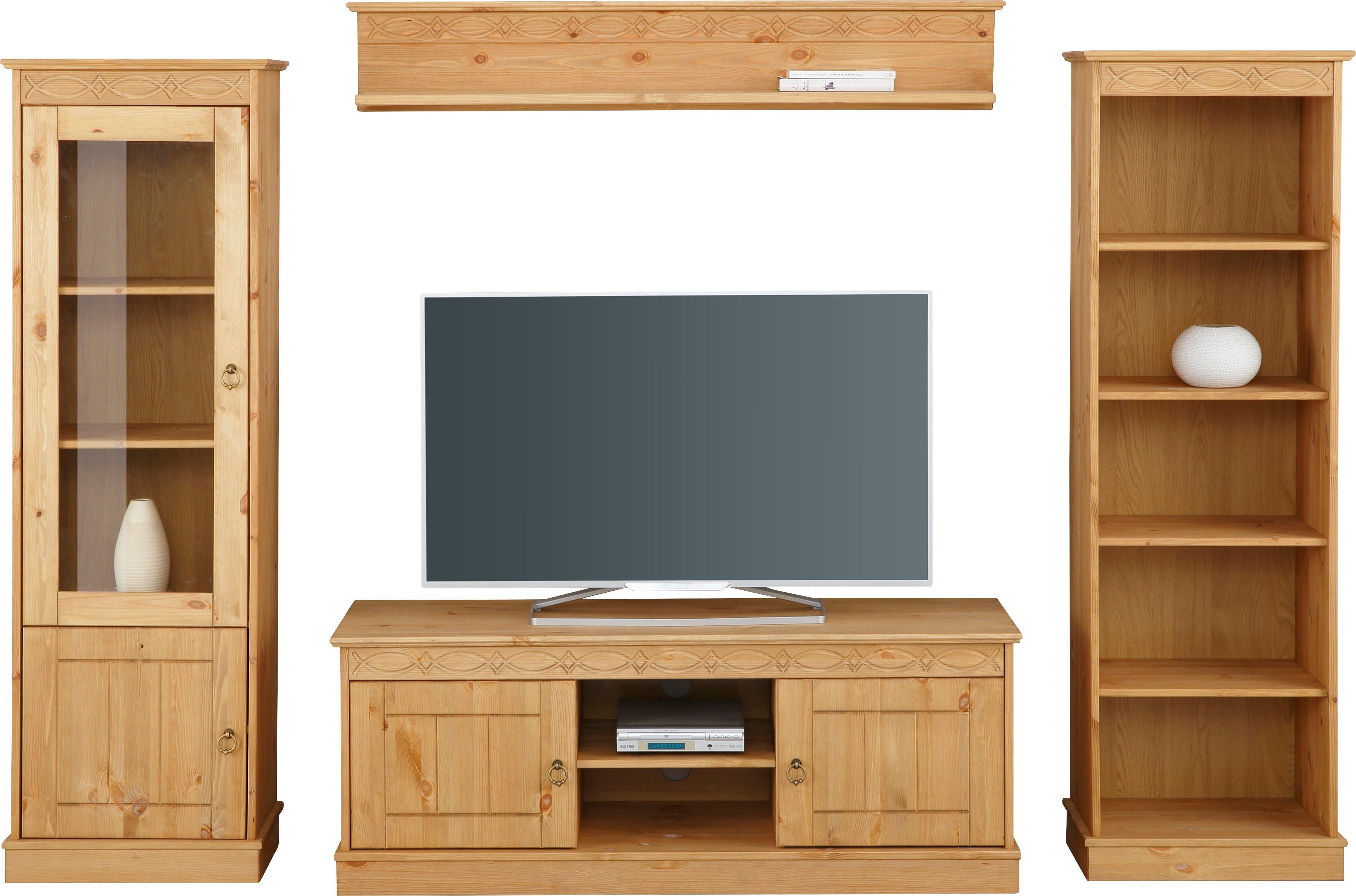Home affaire Wandmeubel Indra 4-delig set: vitrinekast, lowboard, wand- & staande plank, massief dennenhout (set, 4-delig)