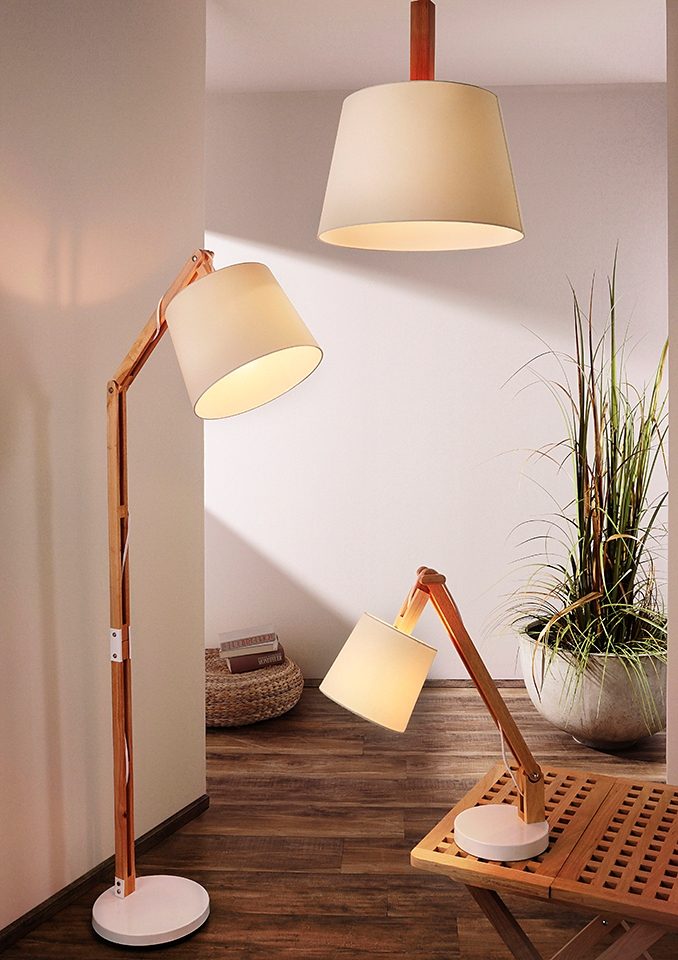 Brilliant Leuchten Staande lamp Carlyn 163 cm hoogte, e27 max. 60 w, met witte stoffen kap, hout / metaal/textiel