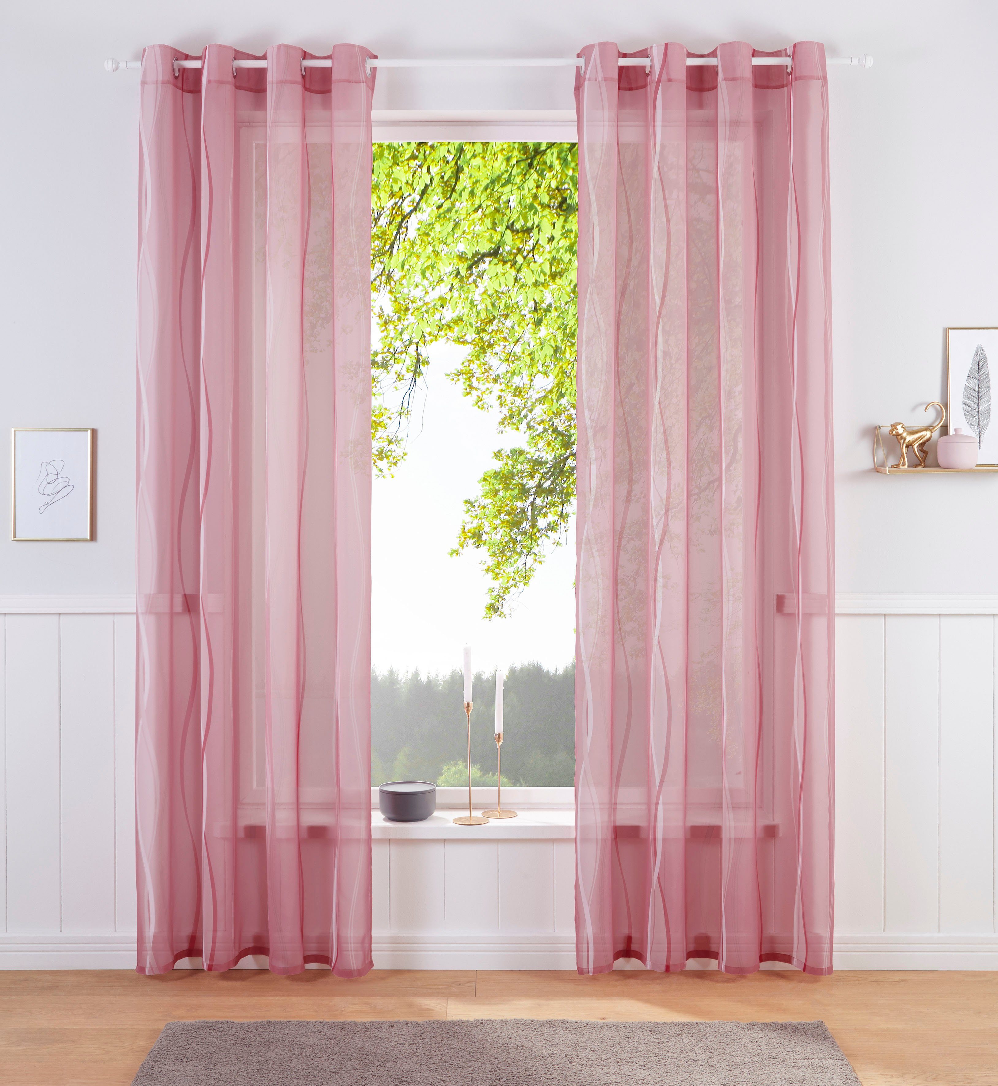 my home Gordijn Dimona set van 2, transparant, voile, polyester (2 stuks) kant & klaar gordijnen maat H/B: 295/140 cm roze