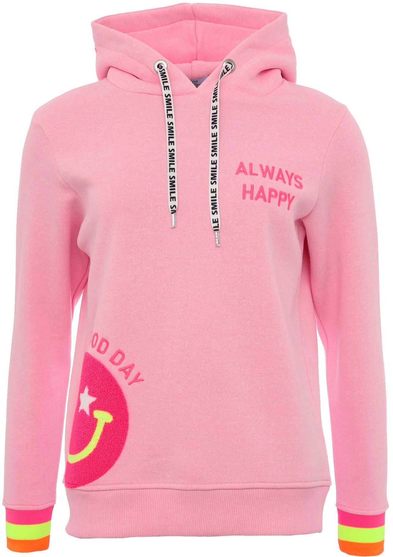 Zwillingsherz Hoodie Always Happy met smiley-print van frotté en neon details
