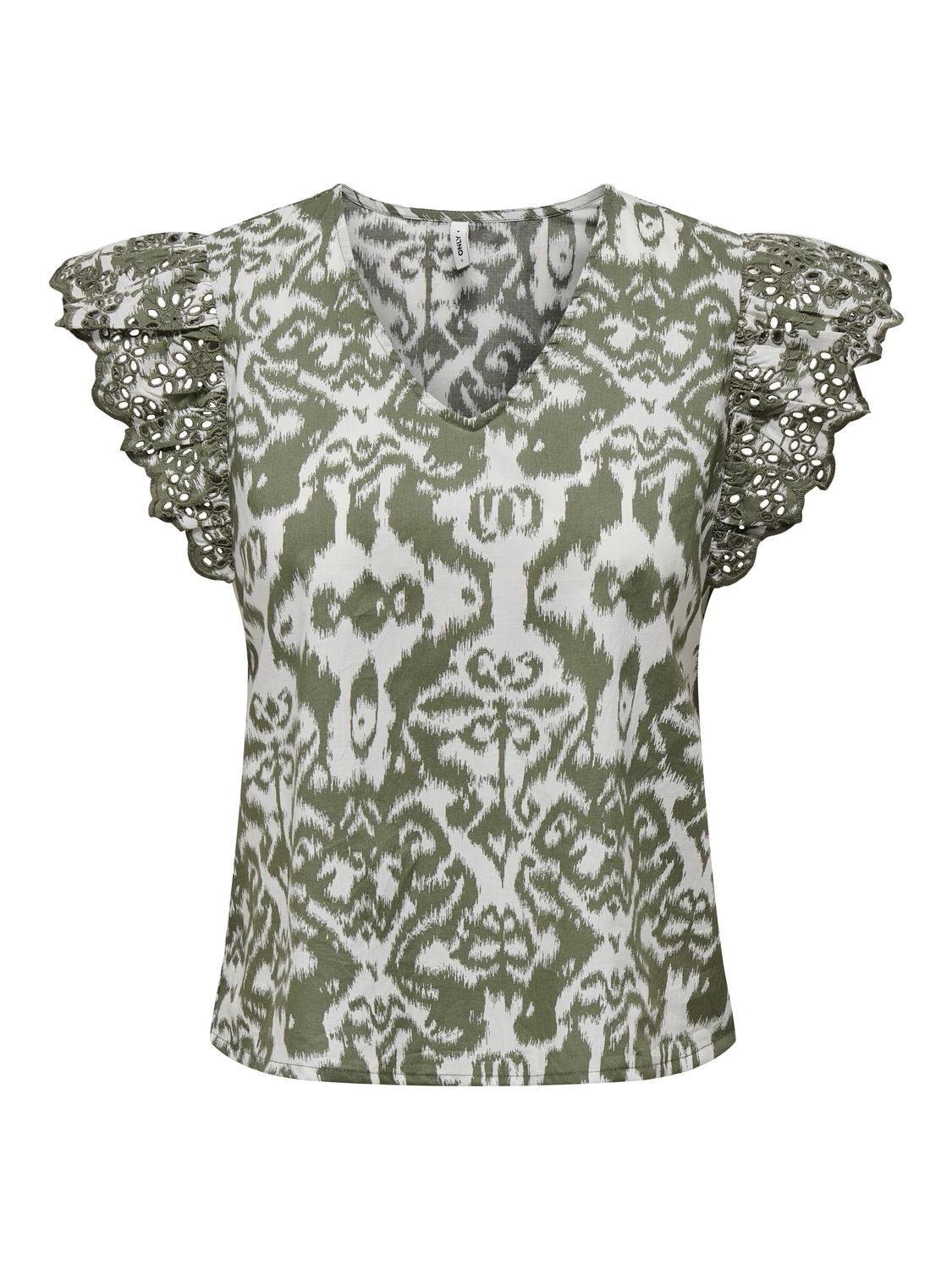 Only Shirt met V-hals ONLLOU EMB S S FRILL TOP PTM