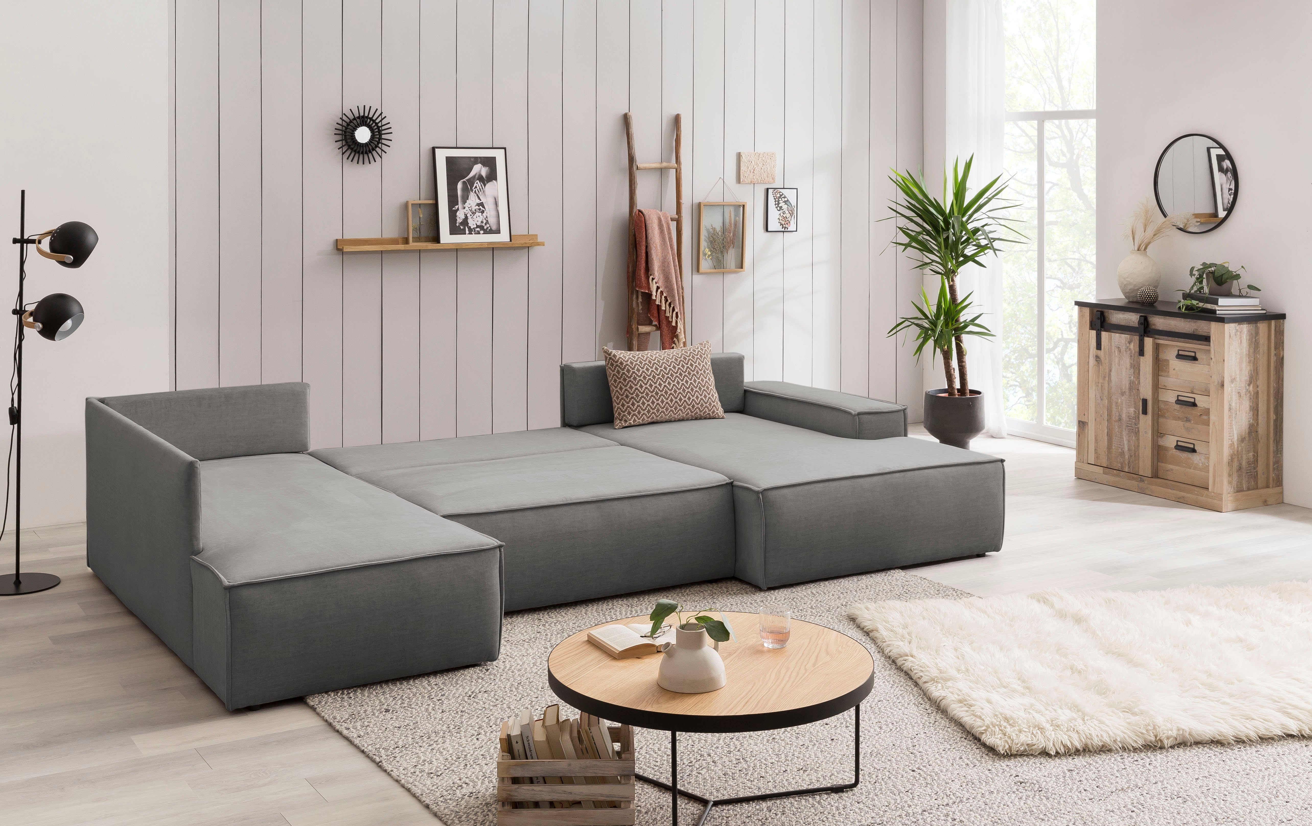 Home affaire Zithoek SHERWOOD 329 cm, U-vorm, slaapbank, Slaapfunctie met bedkist (194x139 cm), cord, vintage, fluweel
