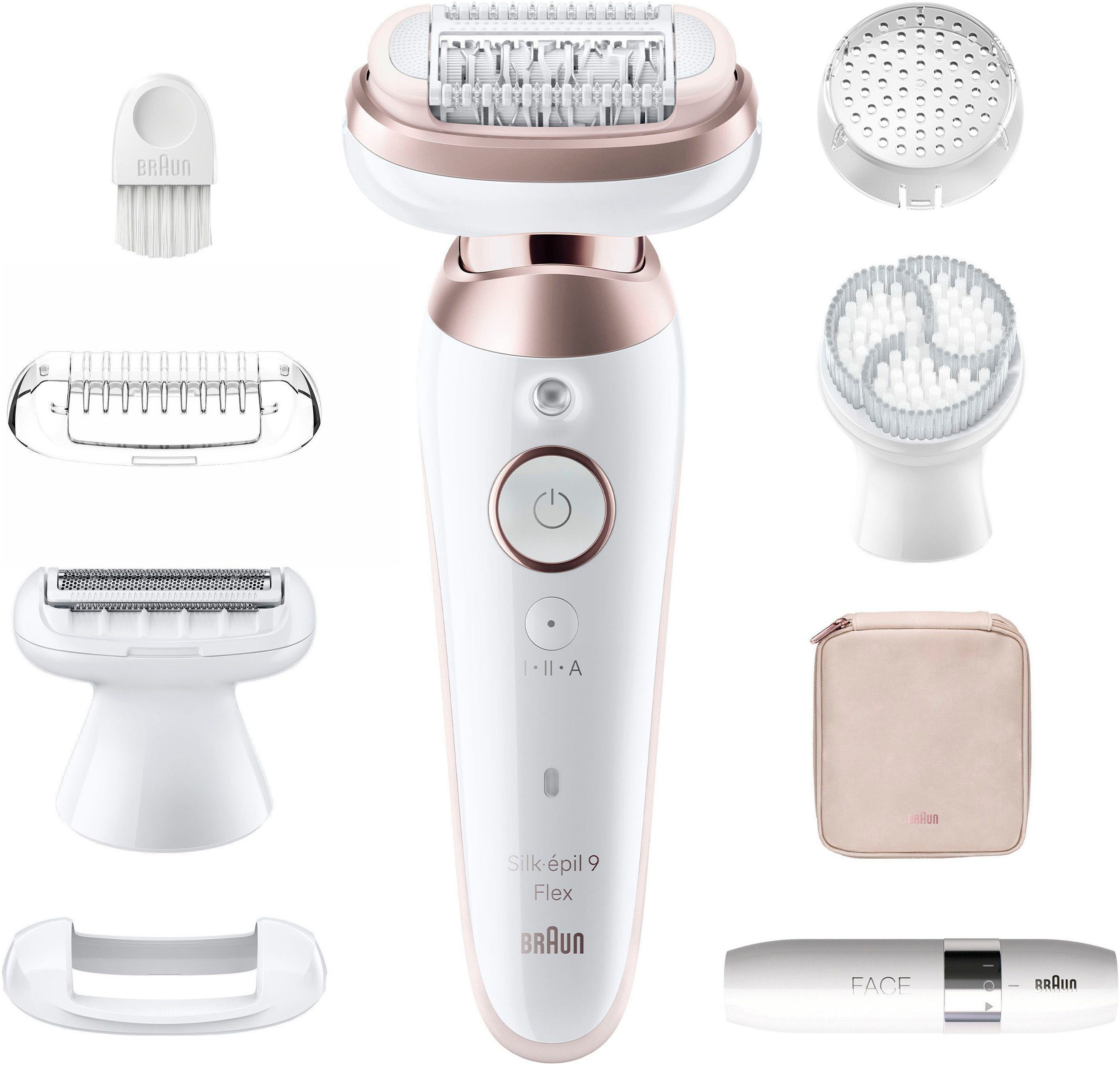 Braun Epilator Silk-épil Flex 9 9-360 met scheer-, trim- & peelingopzetstukken, mini-scheerapparaat voor het gezicht