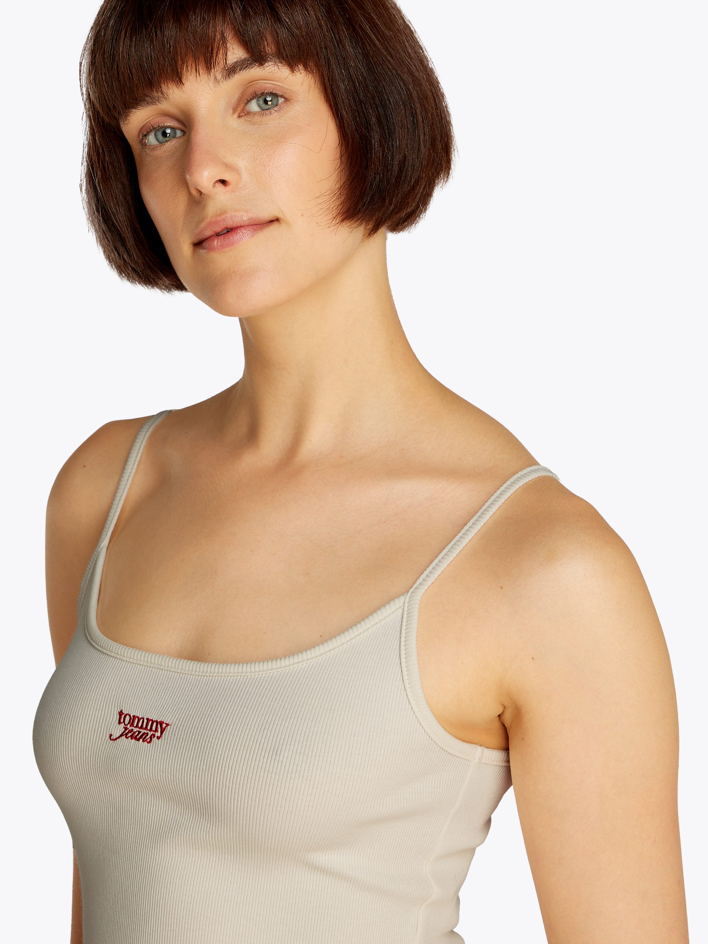TOMMY JEANS Top met spaghettibandjes TJW SCRIPT STRAPPY TOP in riblook, met logo-opdruk