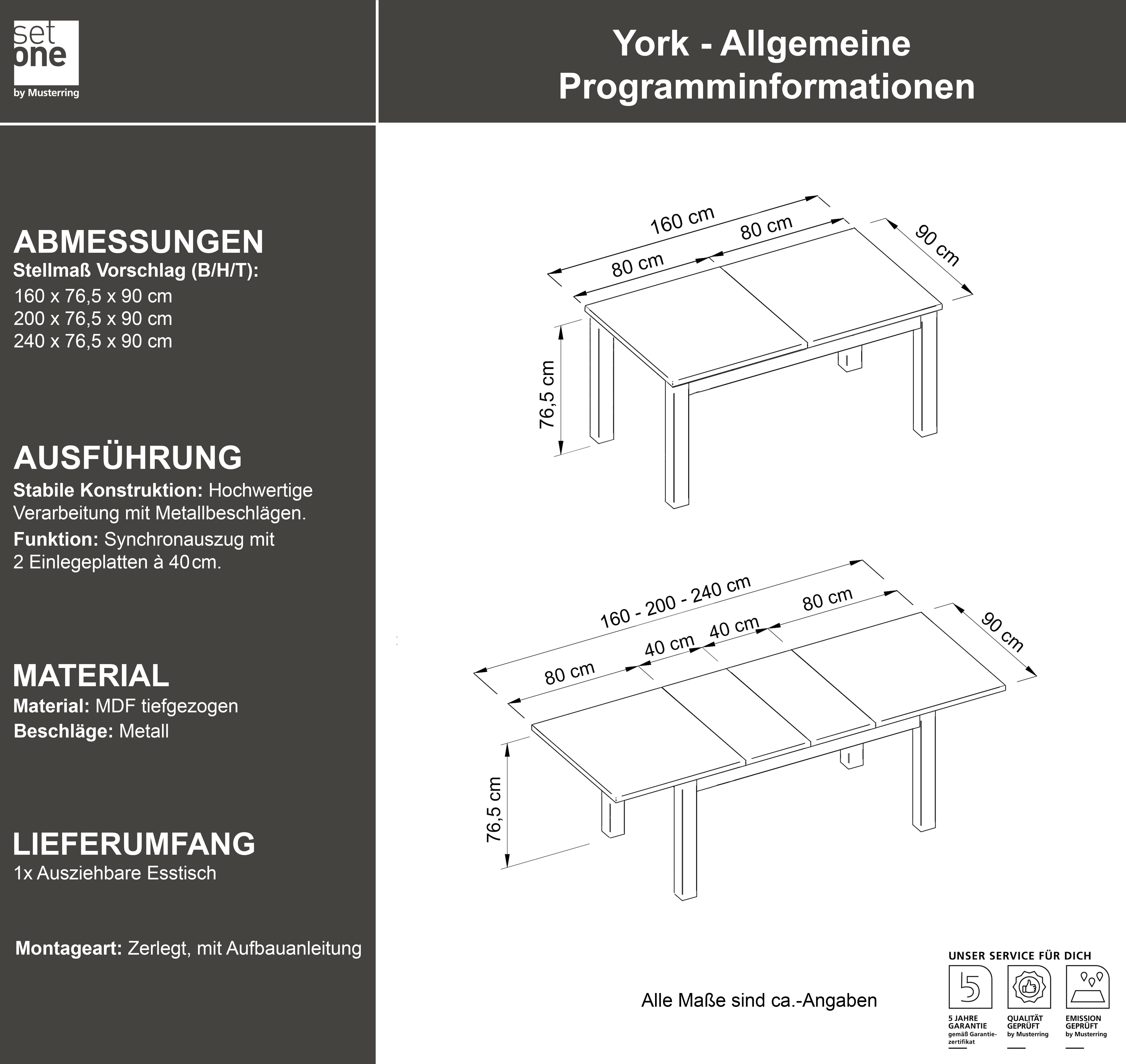 set one by Musterring Eettafel York Type 68, met uitschuifbare tafelblad, 3 kleuren, afmetingen 160-240 x 90 cm