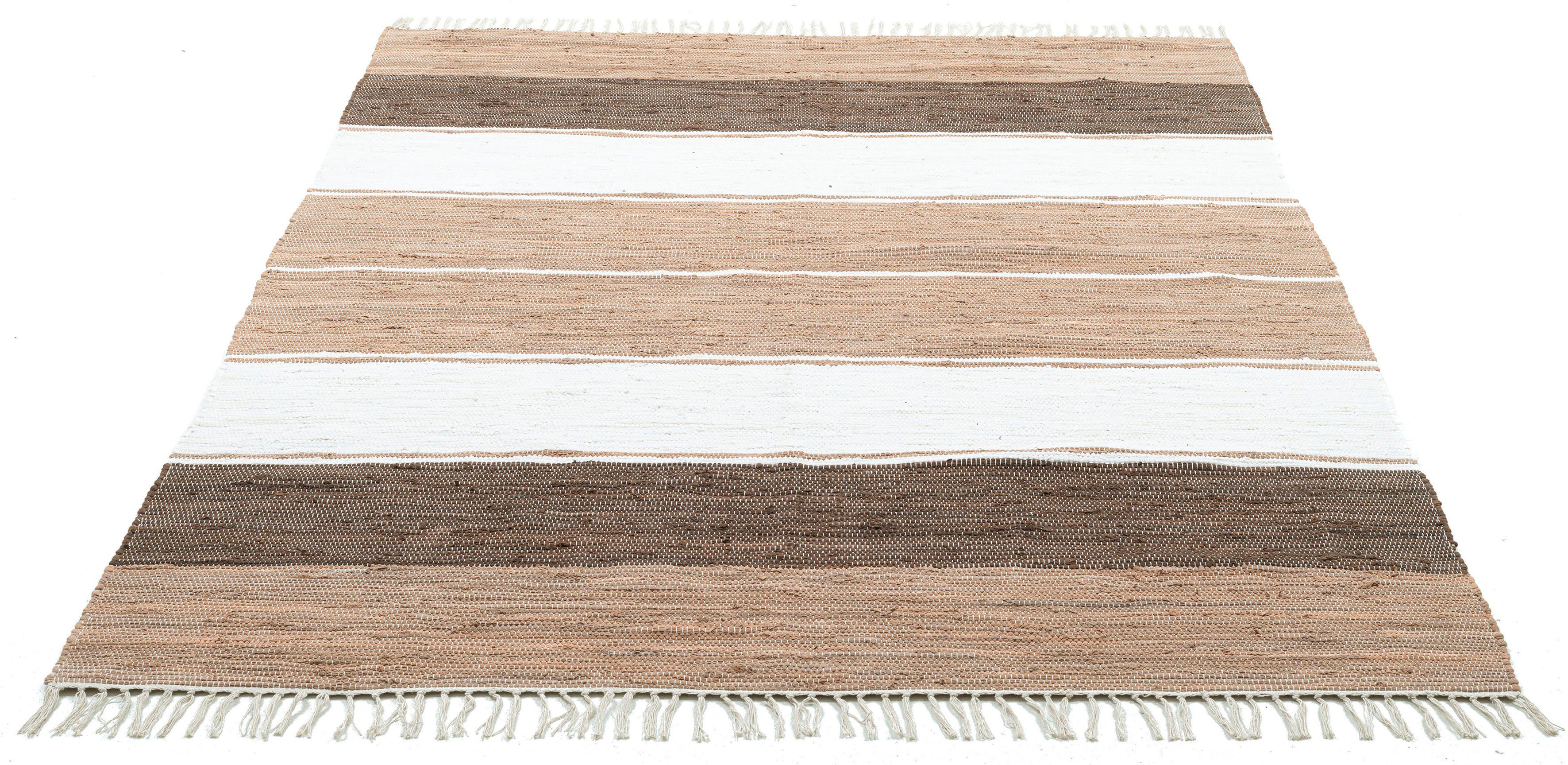 THEKO Vloerkleed Stripe Cotton Handgeweven vloerkleed, platweefsel, gestreept, puur katoen, met de hand geweven, met franje, ideaal in de woonkamer & slaapkamer