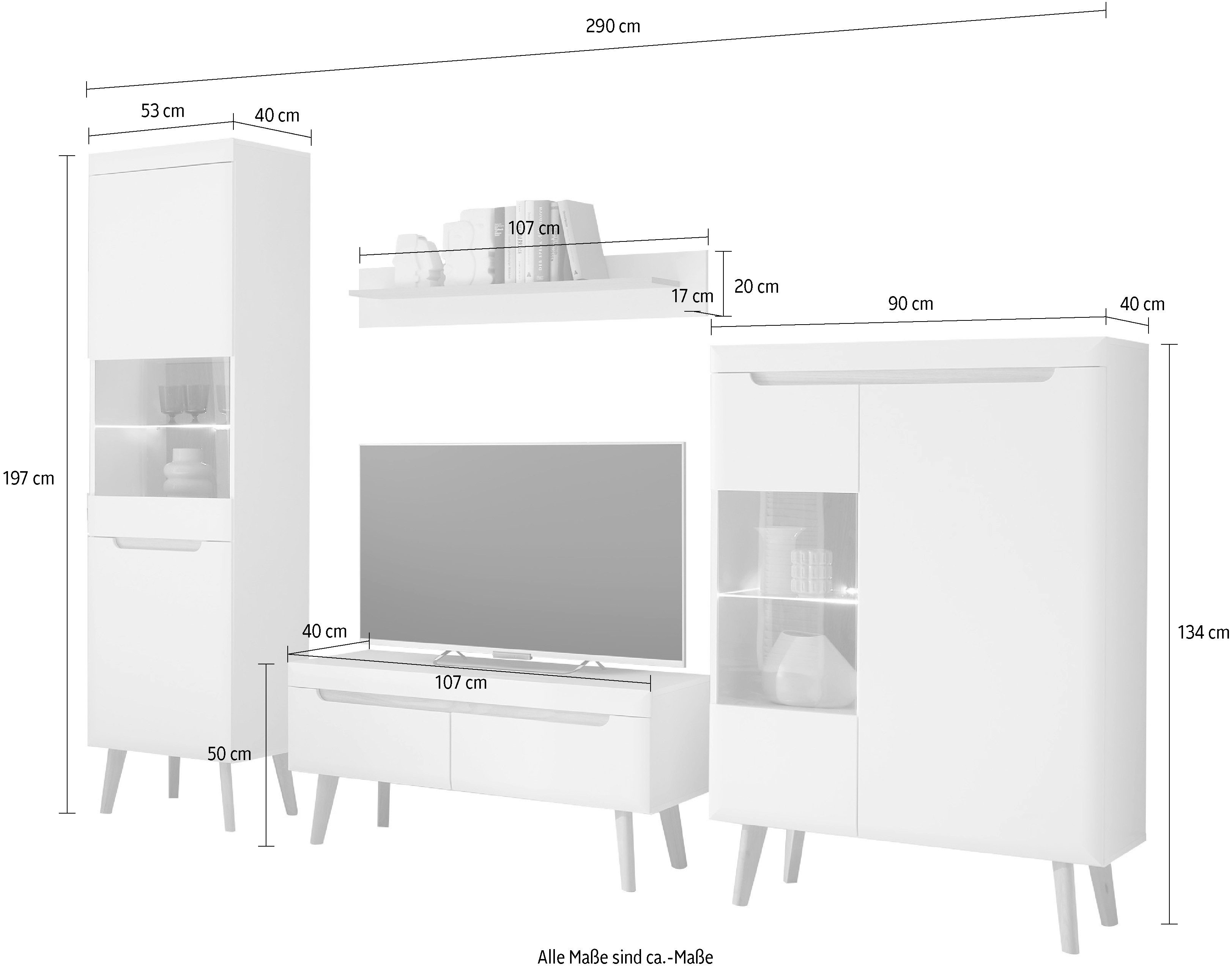 INOSIGN Wandmeubel Torge, wandmeubel, kastwand, mediawand, woonkamer-set bevat 2 vitrines, 1 lowboard + 1 wandplank, 290 cm breed (set, 4-delig)