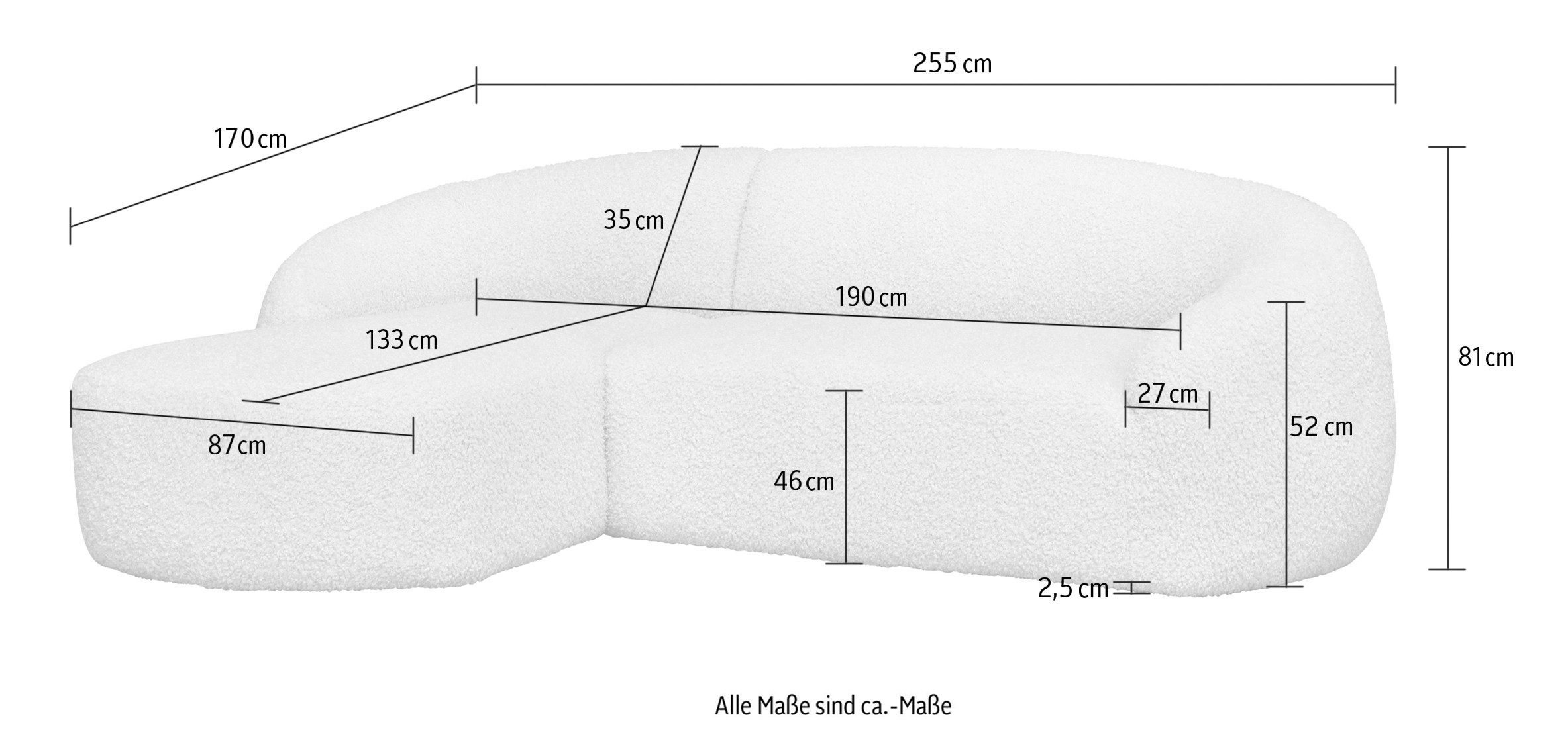 LeGer Home by Lena Gercke Hoekbank YANI, L-vorm, designbank, organische vorm, afmetingen B/D/H: 255/170/81 cm