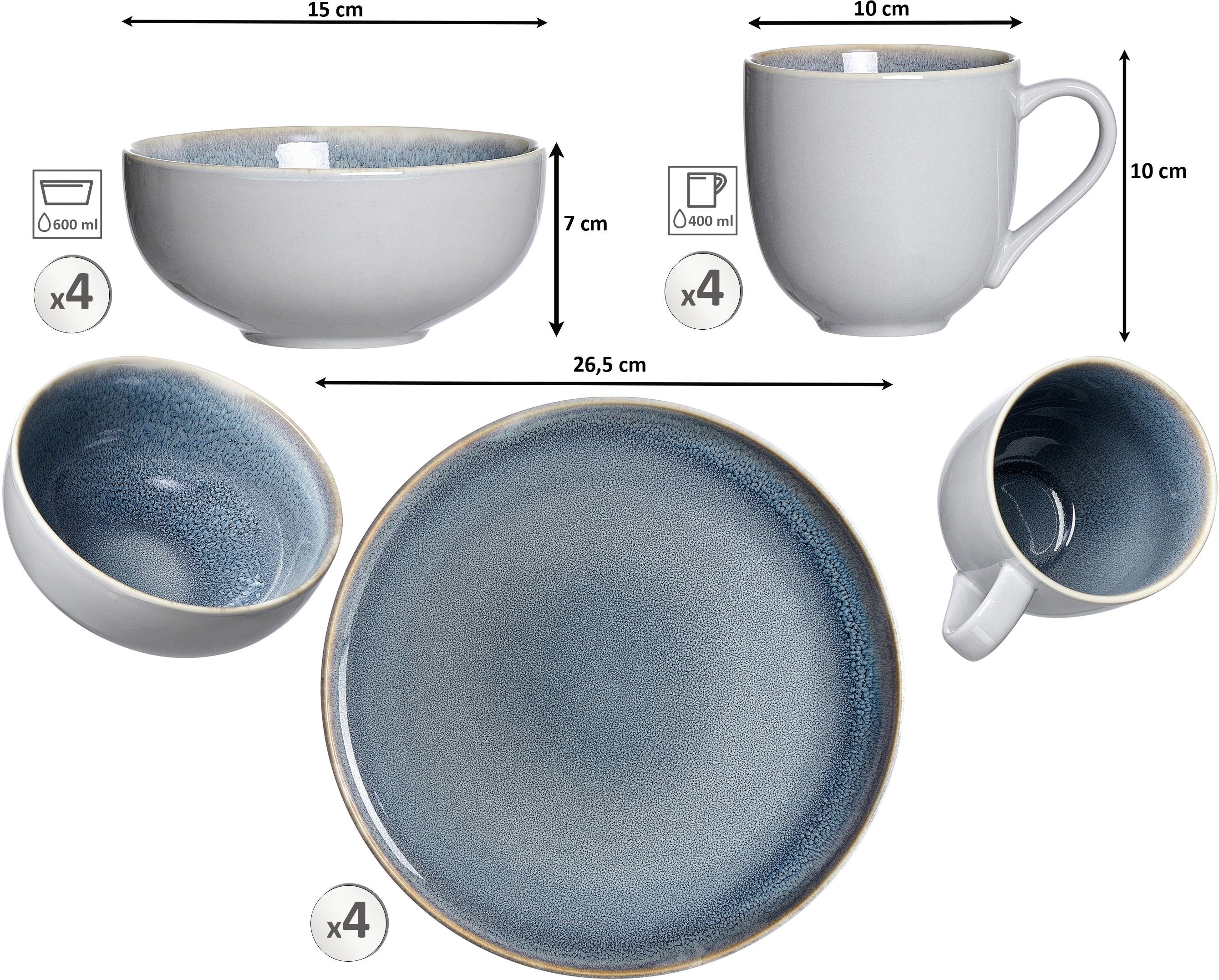 Ritzenhoff & Breker Combi-servies Serviesset, servies Skagen Stone Reactief glazuur, 12 delen, voor 4 personen (set, 12-delig)
