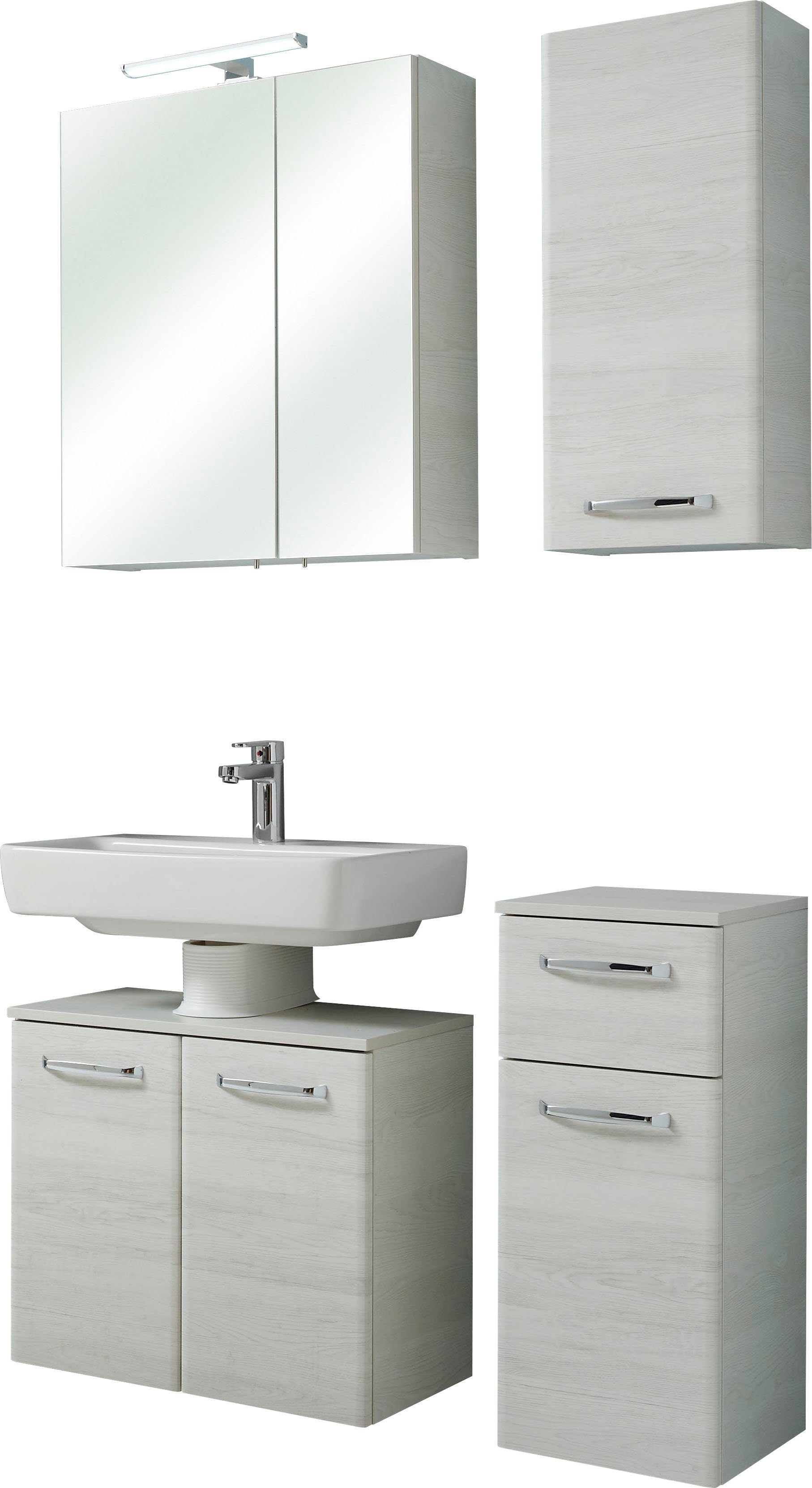 Saphir Badkamerserie Quickset 936 4-delig, wastafelonderkast met LED-spiegelkast zonder wastafel, incl. deurdemper, 6 deuren, handgrepen chroom glans