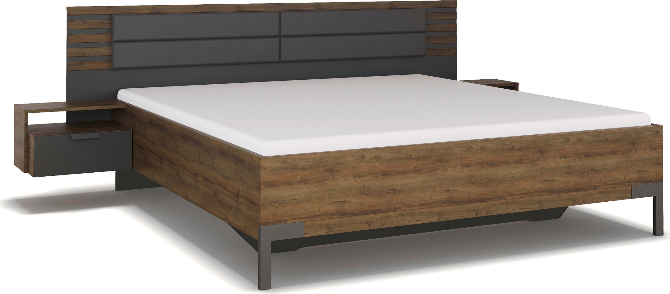 rauch Ledikant Bed Tweepersoons Futonbed BAREA met hangende nachtkastjes en hoofdbord met gestoffeerd kussen