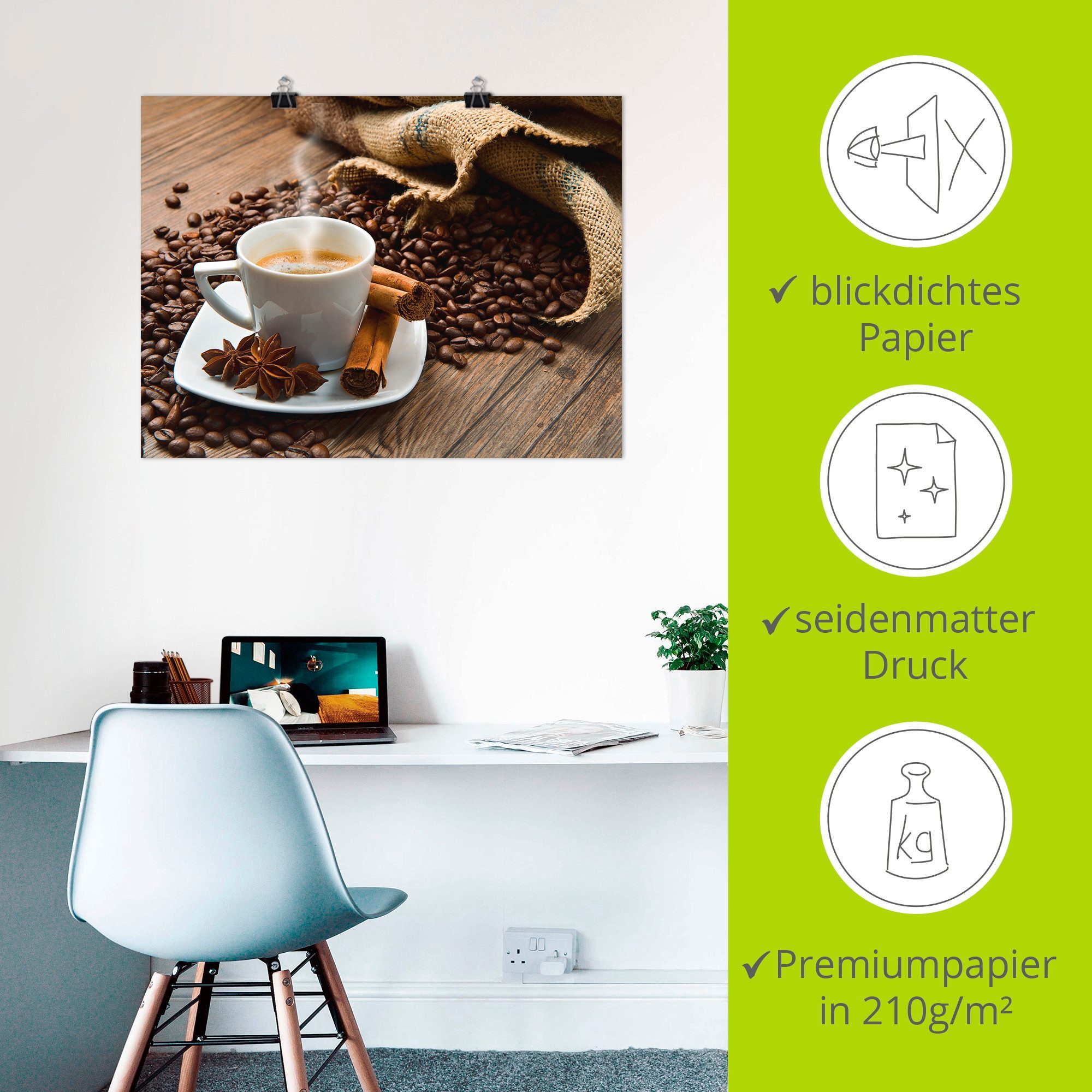 Artland Artprint Koffiekopje linnen zak met koffiebonen als artprint op linnen, poster in verschillende formaten maten