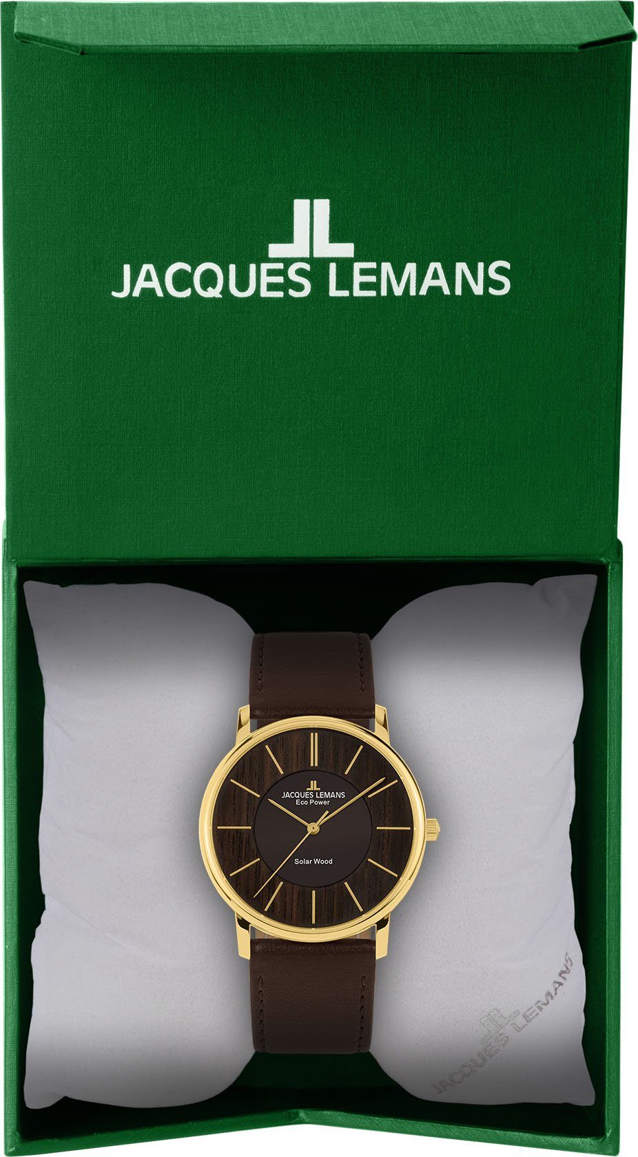 Jacques Lemans Solarhorloge Eco Power Solar Wood, 1-2105B Horloge, houten wijzerplaat, band van vegan appel-leder