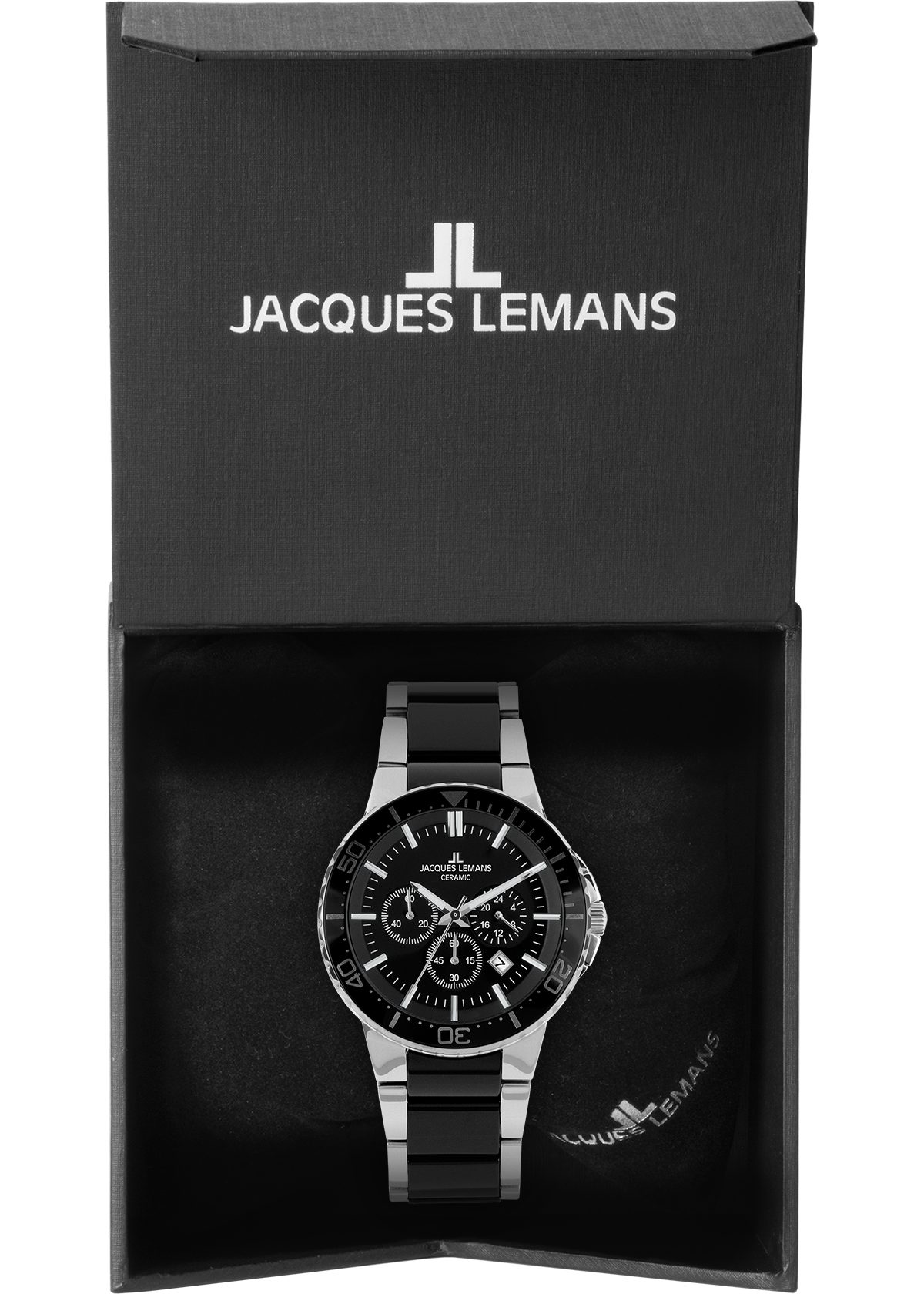 Jacques Lemans Chronograaf 1-2166A Quartz horloge, armbandhorloge, herenhorloge, roestvrijstalen band, tot 10 bar waterdicht.
