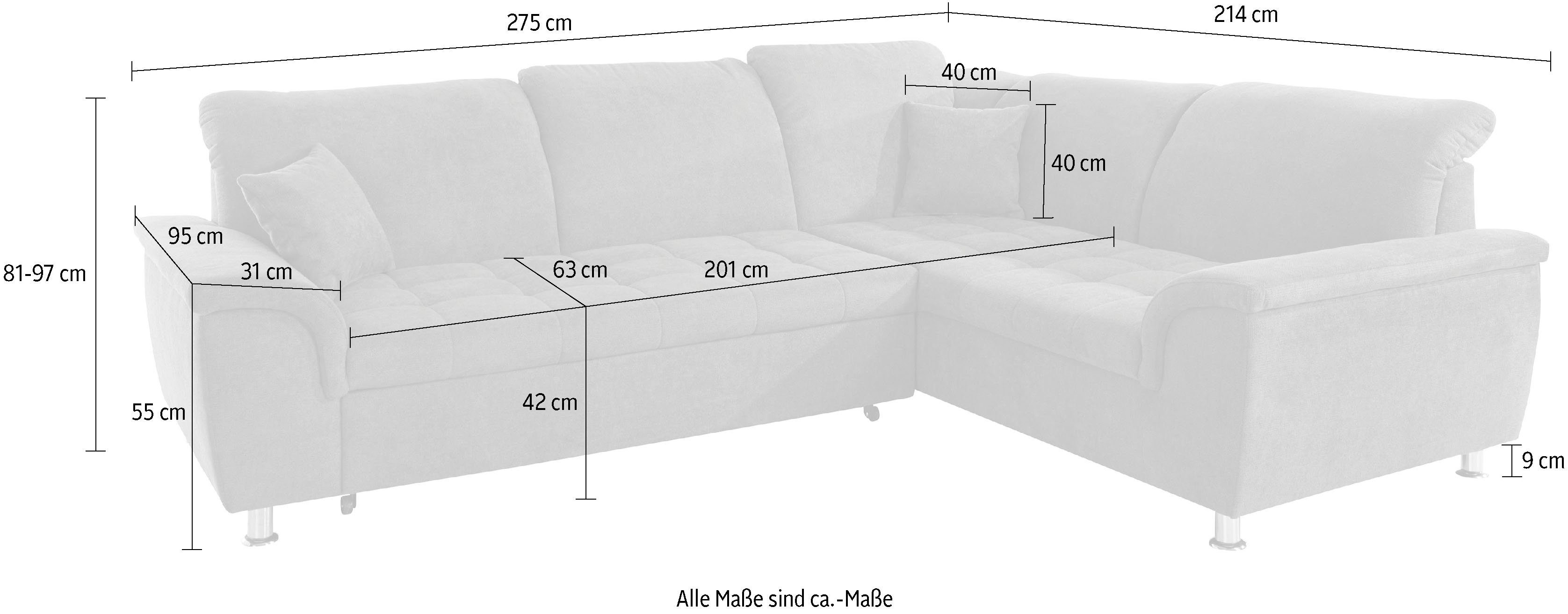 DOMO collection Hoekbank Franzi L-vorm naar keuze met verstelbare hoofdsteun (dan breedte: 275 cm)