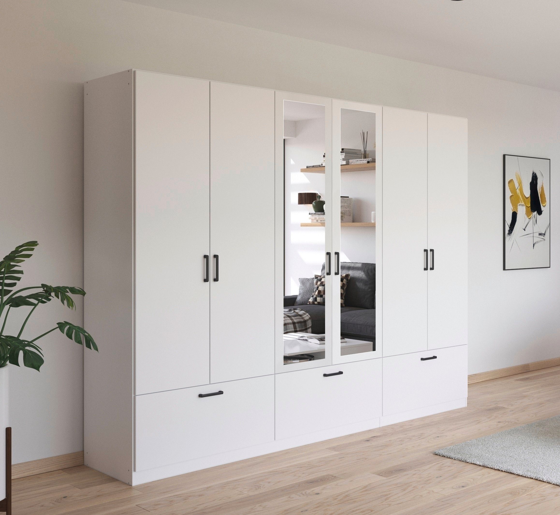 rauch Draaideurkast Kledingkast kast garderobe waskast BARI met spiegel met lades en moderne greep in grijs metallic made in germany
