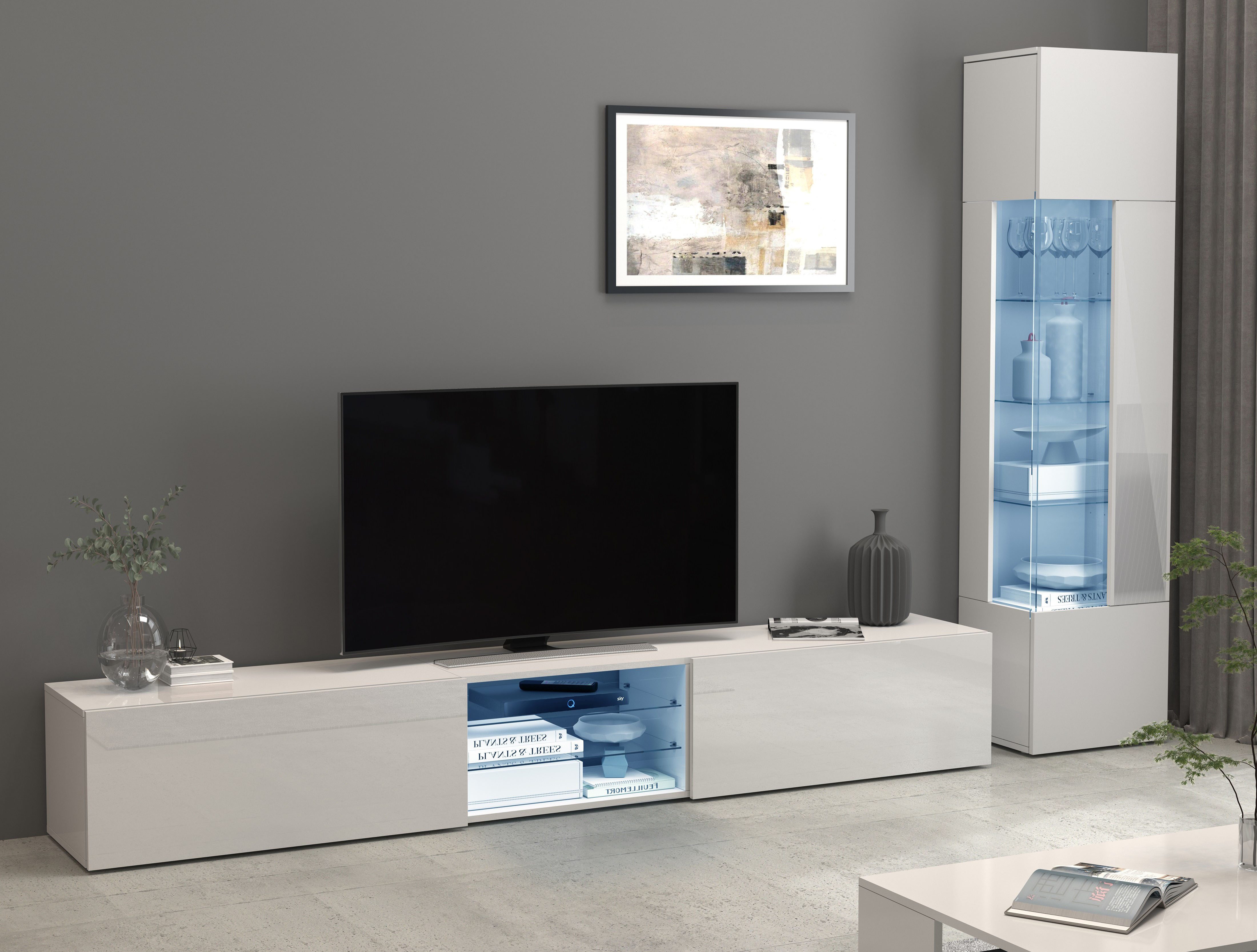 INOSIGN Tv-meubel Egypt, Lowboard, TV-ladekast, TV-meubel, TV-bank met 2 kleppen, 2 glazen planken, volledig hoogglans gelakt (b/d/h) 240x38x35 cm