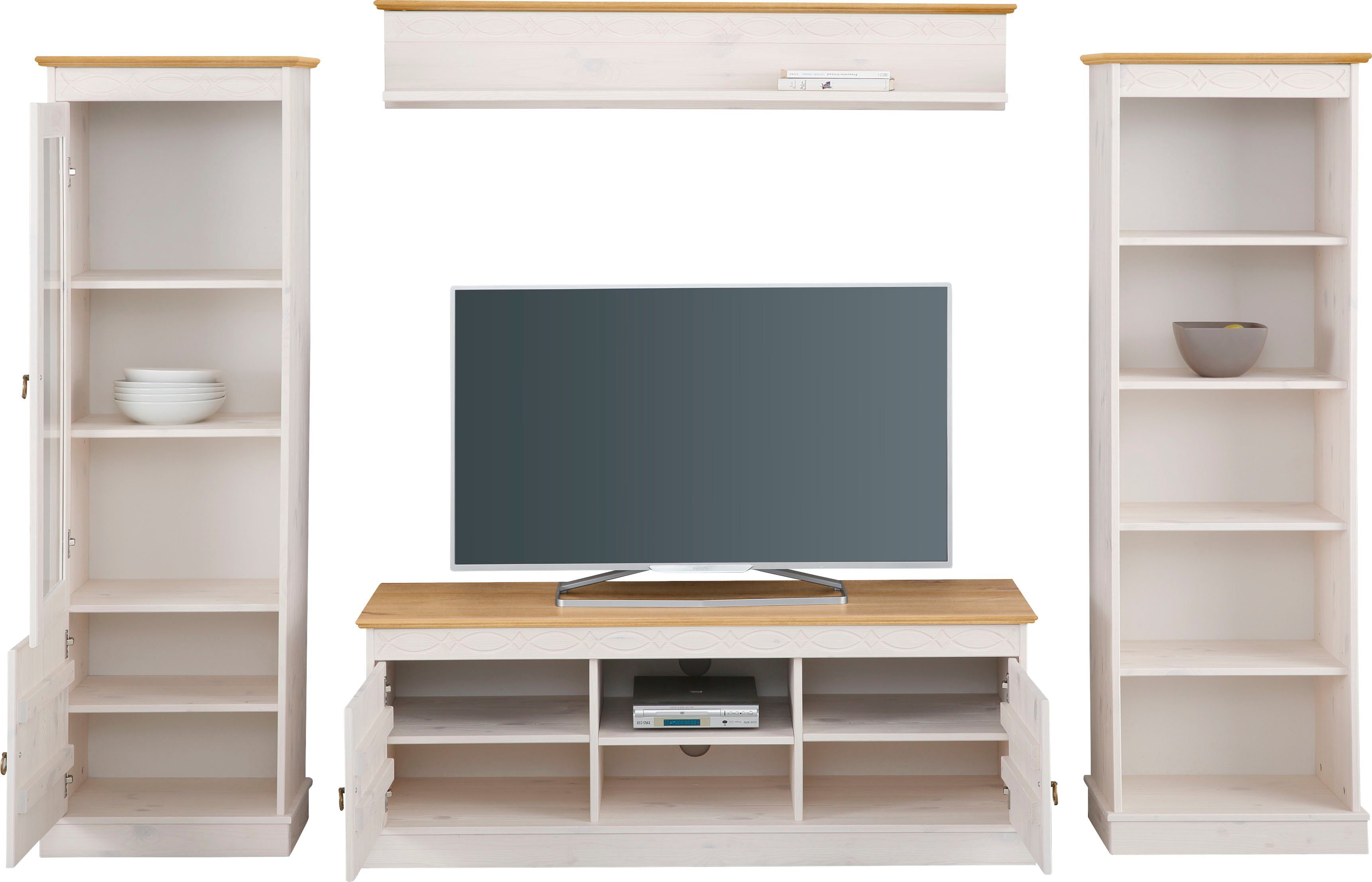 Home affaire Wandmeubel Indra 4-delig set: vitrinekast, lowboard, wand- & staande plank, massief dennenhout (set, 4-delig)