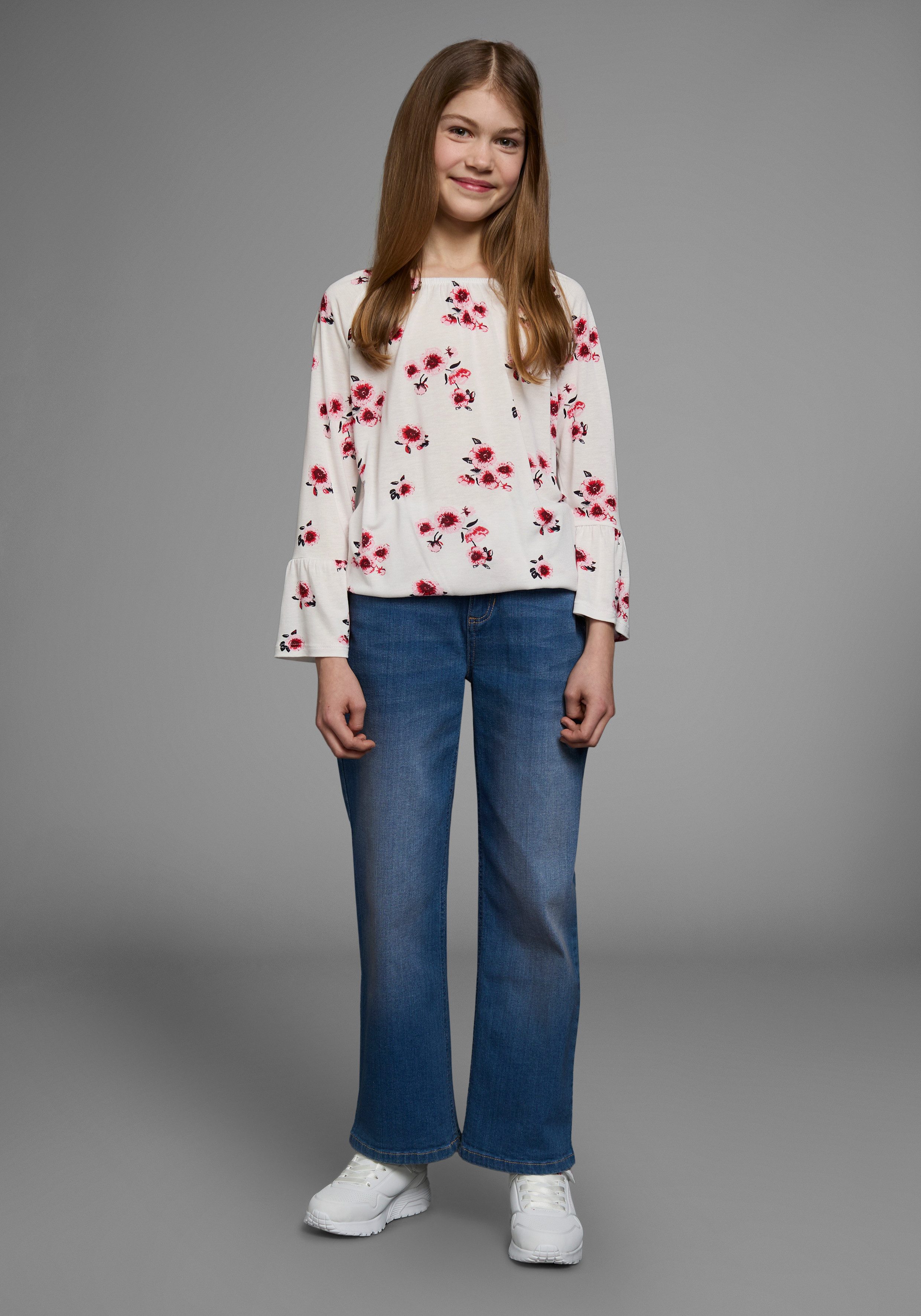 KIDSWORLD Shirt met carmenhals Shirt van viscose wijde pasvorm, met bloemenpatroon en print, carmenhals