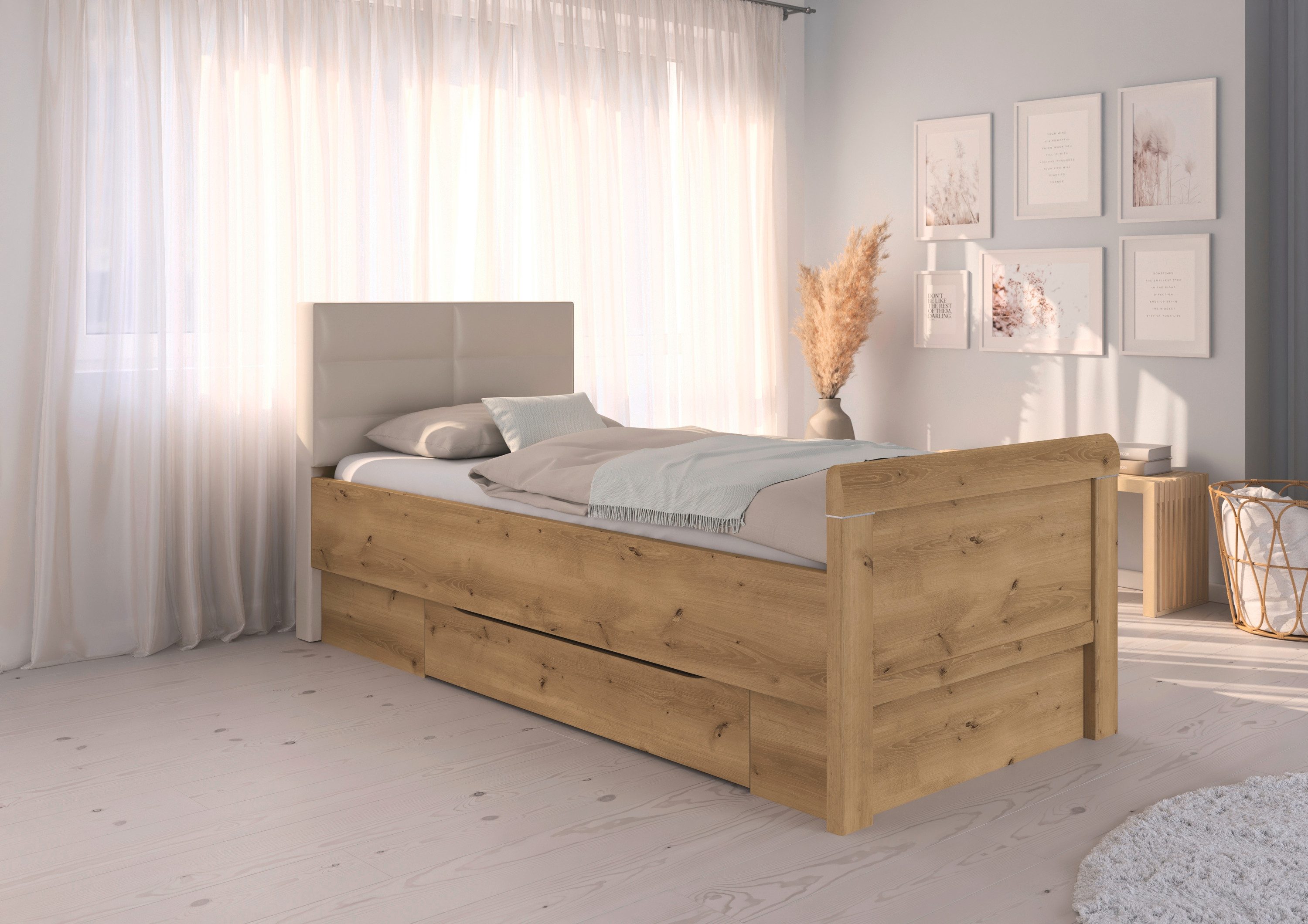 rauch Ledikant met bergruimte Bed Eenpersoons Stollenbed Bedkasten EVELYN in comfortabele hoogte met gestoffeerd hoofdeinde en lades made in germany
