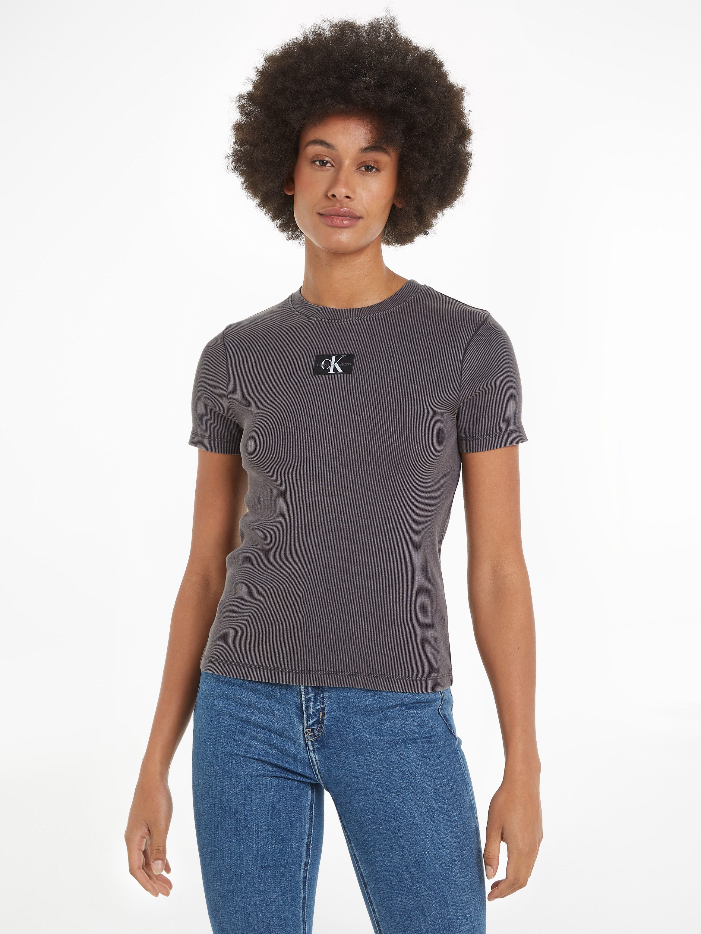 Calvin Klein T-shirt WASHED WOVEN LABEL RIB BABY TEE dames t-shirts maat XXXL (46) grijs