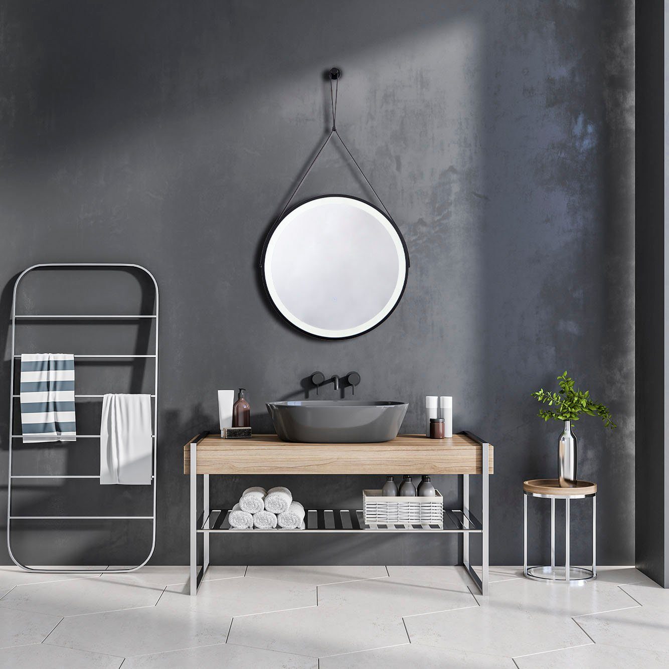 Paco Home Wandlamp Ivy LED backlight rond 50cm IP44 touch kunstleer ophang