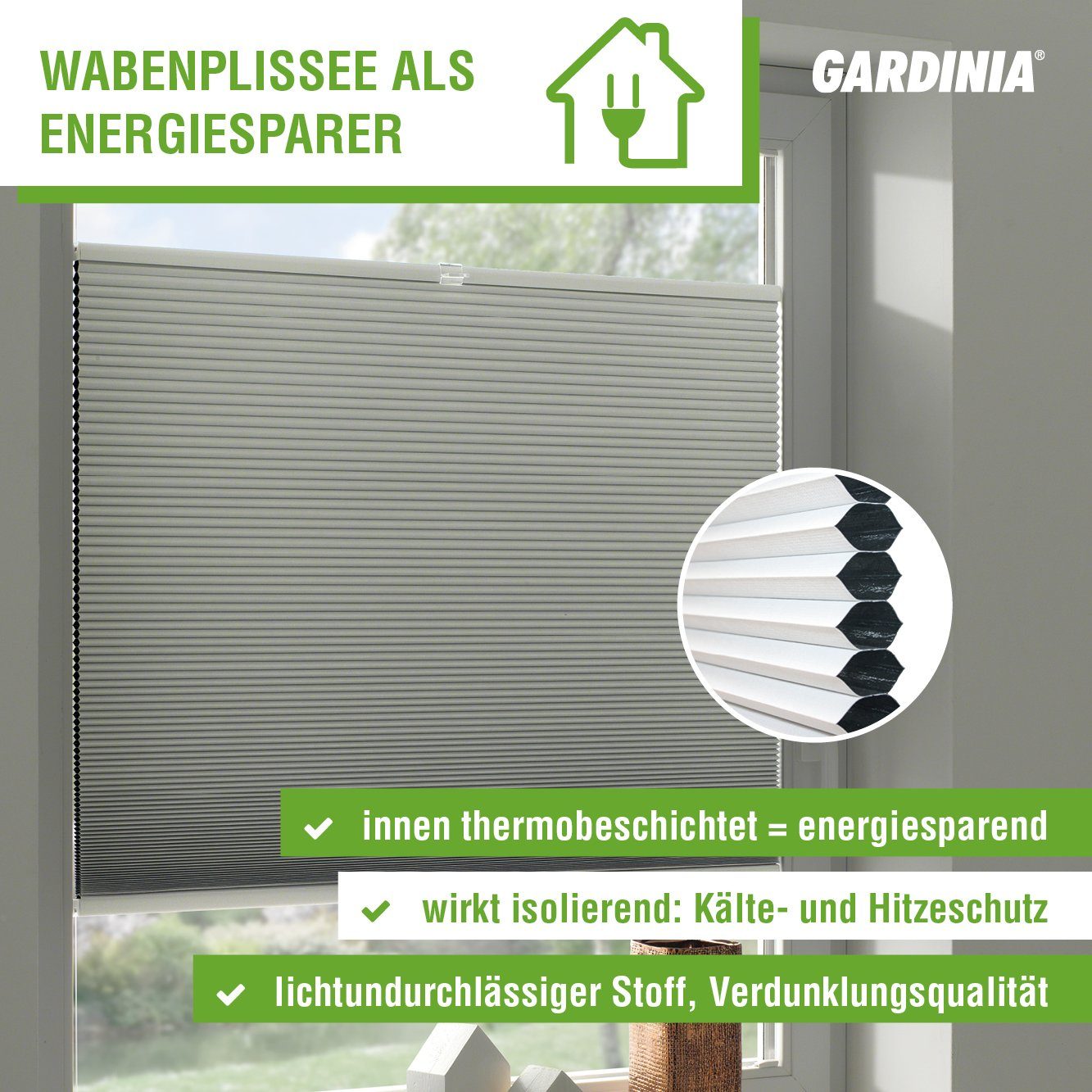 GARDINIA Plisségordijn met honingraatstructuur Concept thermo-afdichting energiebesparend en verduisterend met thermolaag (1 stuk)