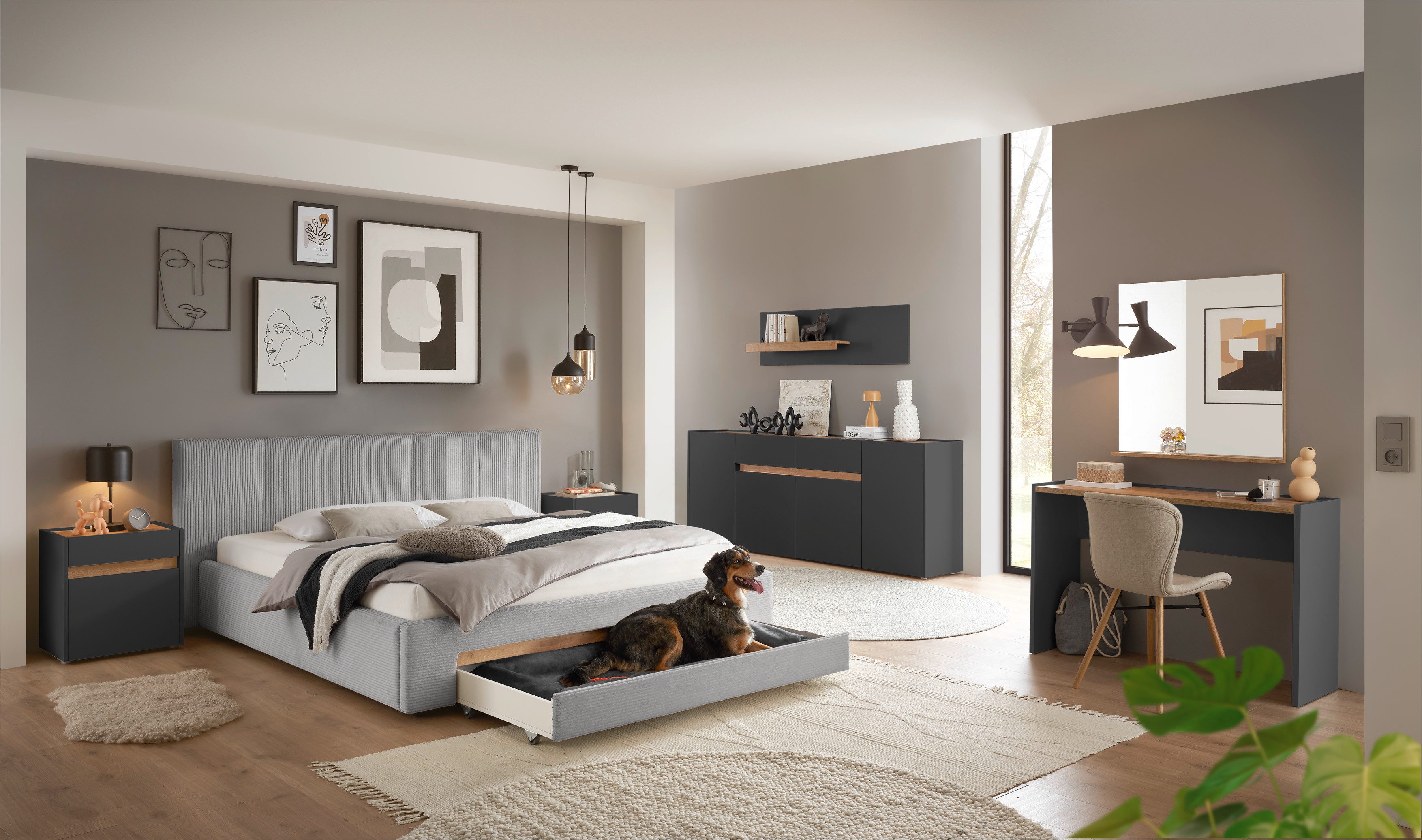 INOSIGN Gestoffeerd bed CiTY/GiRON, bedframe met bedlade, gestoffeerd opbergbed met hondenbed of opberglade, bekleding van corduroy of linnenlook