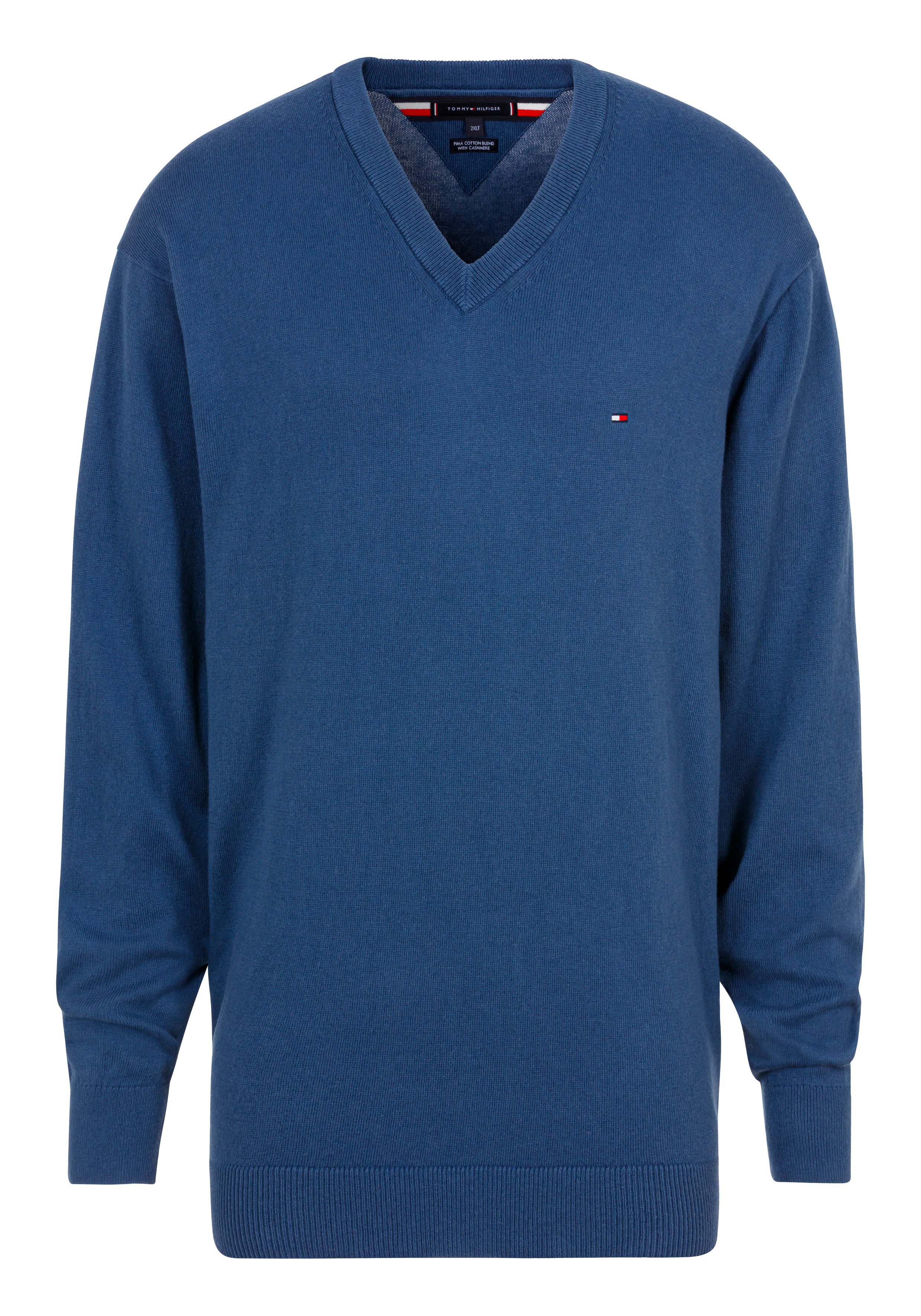Tommy Hilfiger Gebreide trui BT-PIMA ORG CTN CASHMERE VNCK-B in grote maten, met logo borduurwerk op borsthoogte heren pullovers maat XXXL blauw