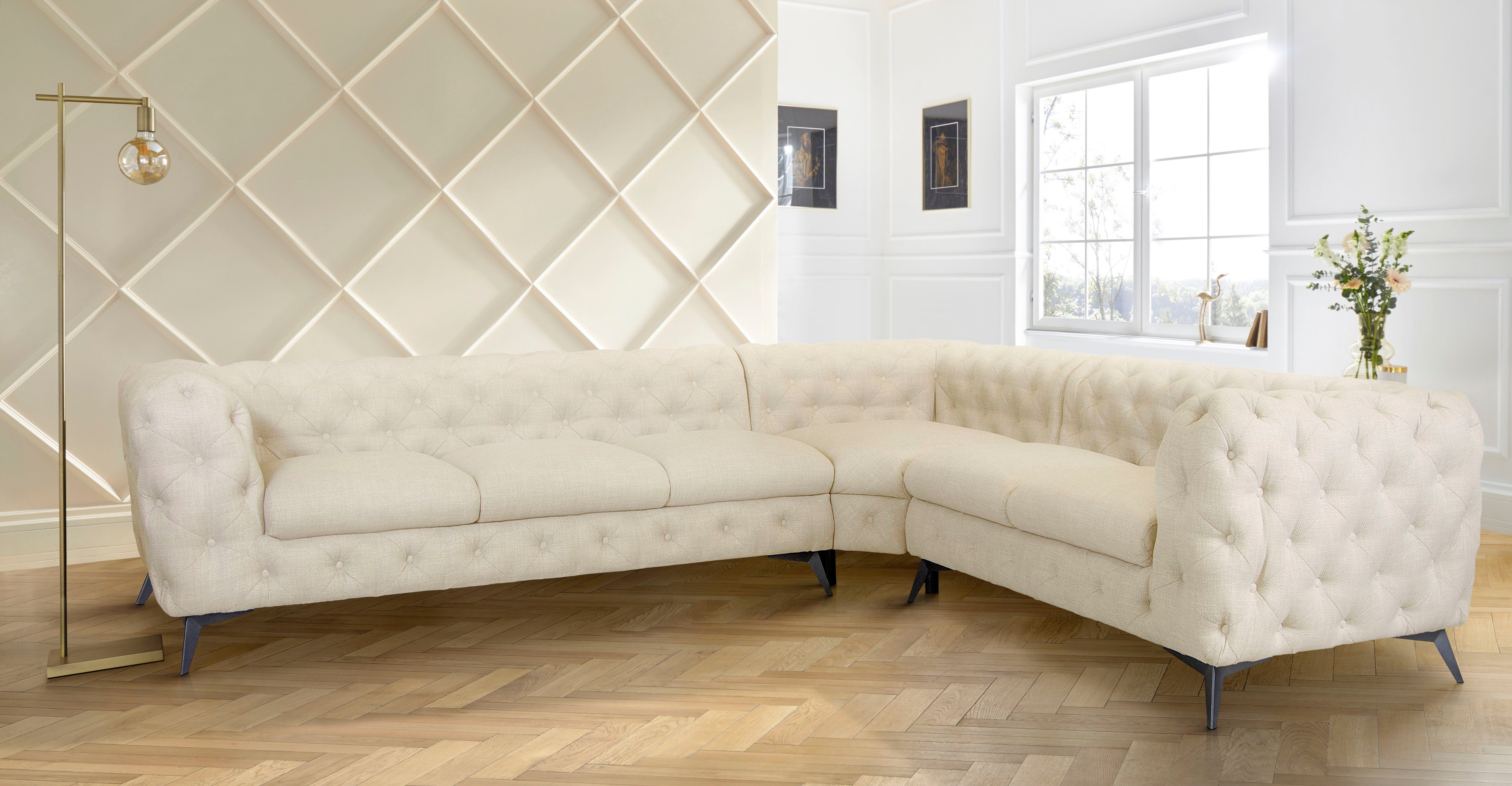 Leonique Chesterfield-bank Hoekbank GLYNIS L-vorm met golfvering, afmetingen B/D/H 323/264/75cm luxueuze capitonnage, moderne chesterfield look, kleur van de poten ter keuze