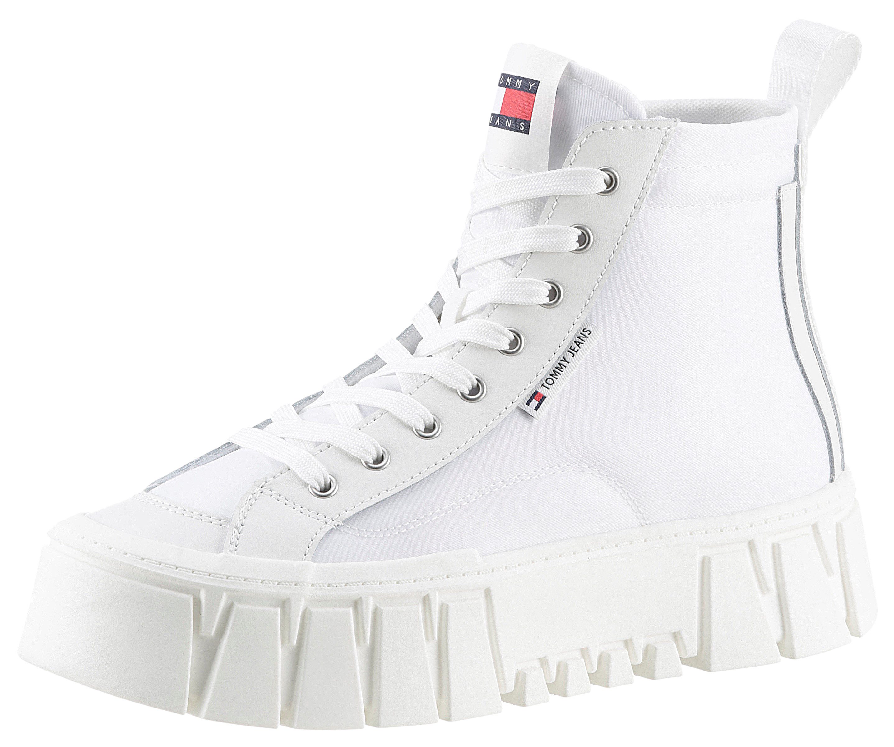 TOMMY JEANS Plateausneakers TJW VULC FLATFORM MC MIX MEDIA , vrijetijdsschoen, lage schoen, veterschoen, logovlag aan de tong