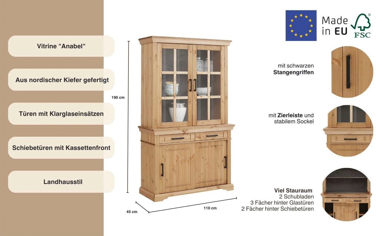 Home affaire Vitrinekast Anabel van massief grenen, breedte 110 cm