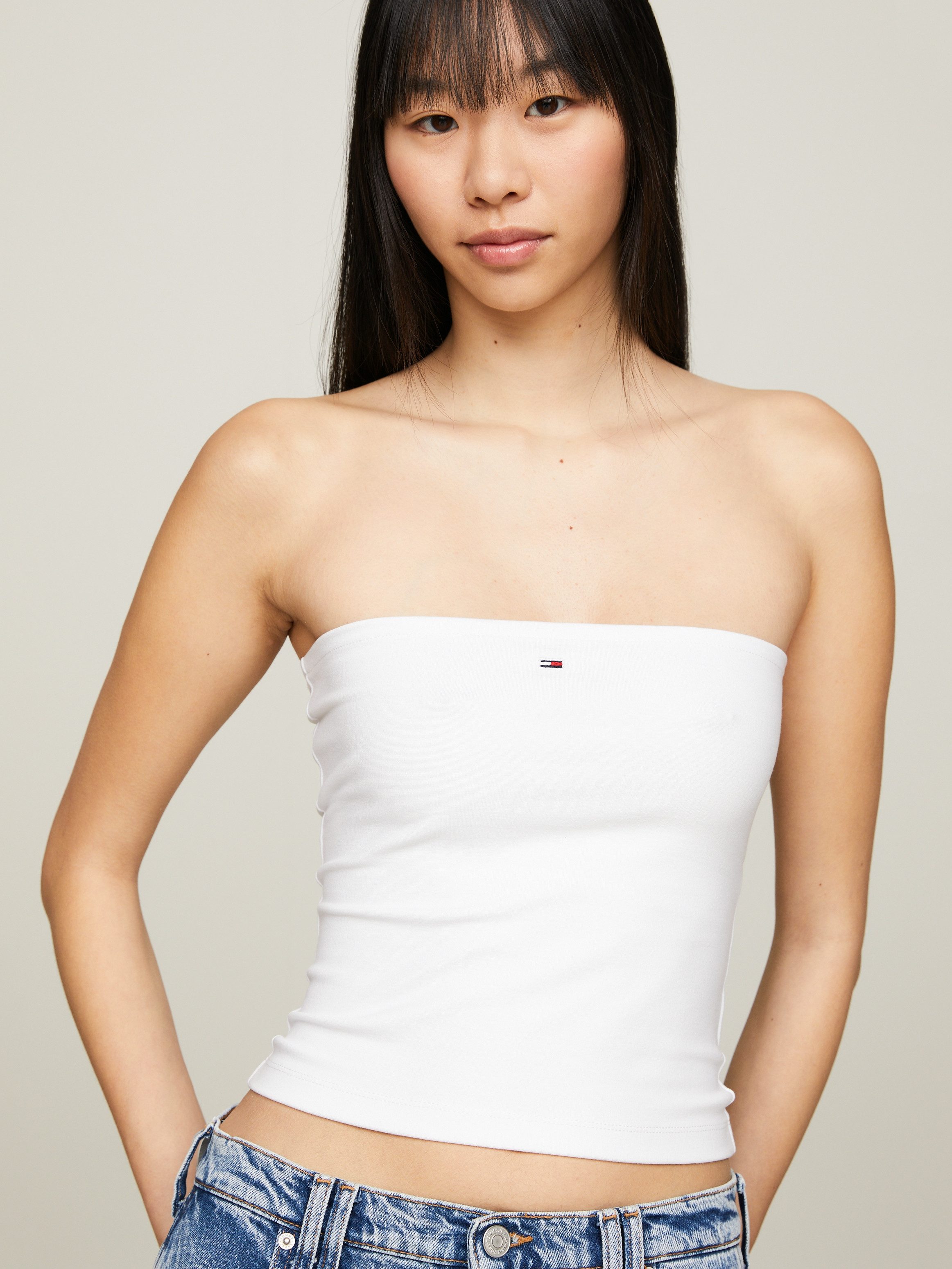 Tommy Jeans Slim fit bandeautop met logostitching model 'ESSENTIAL TUBE'