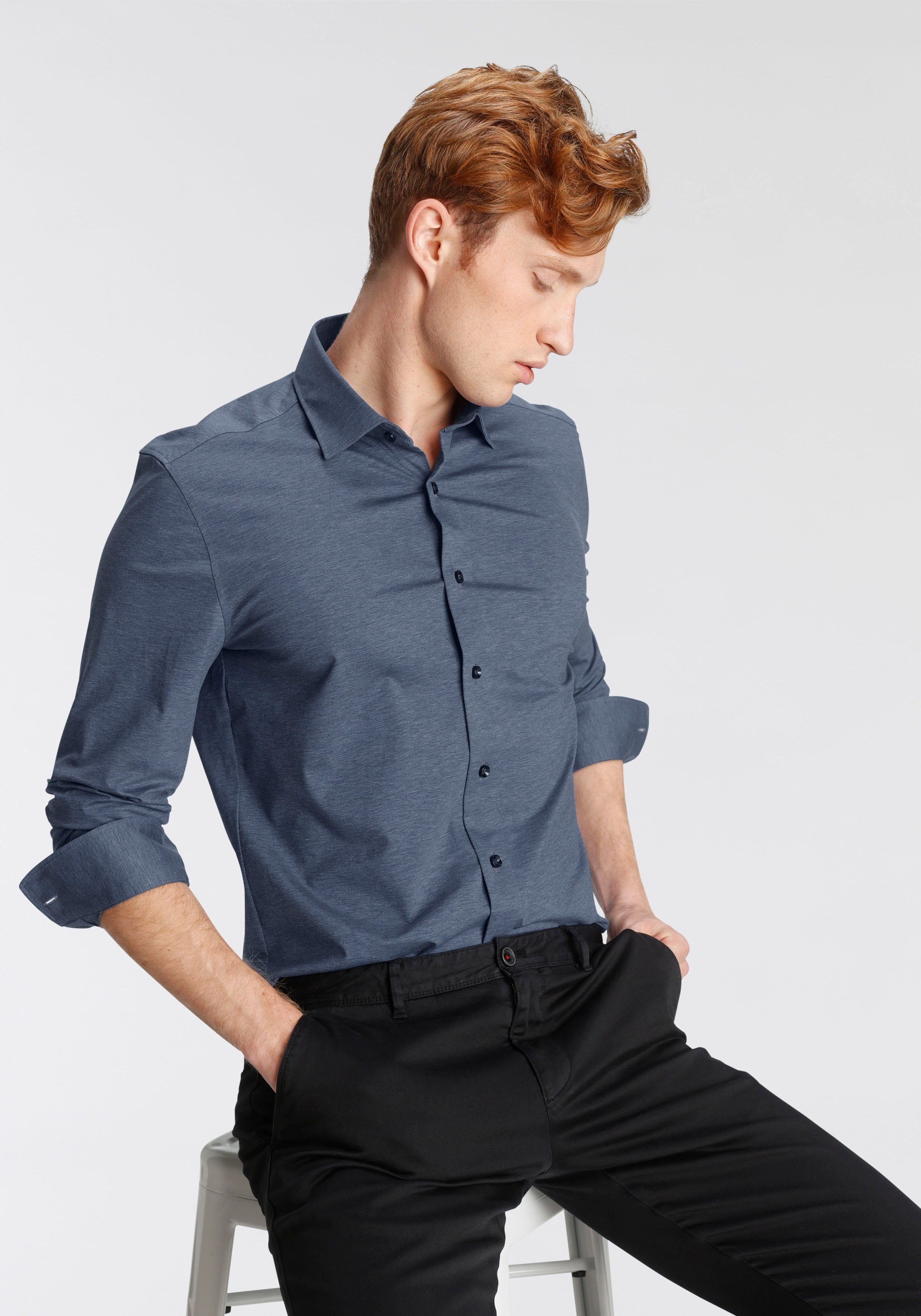 OLYMP Overhemd met lange mouwen Luxor 24/Seven modern fit jersey shirt met geurremmende materiaaleigenschappen