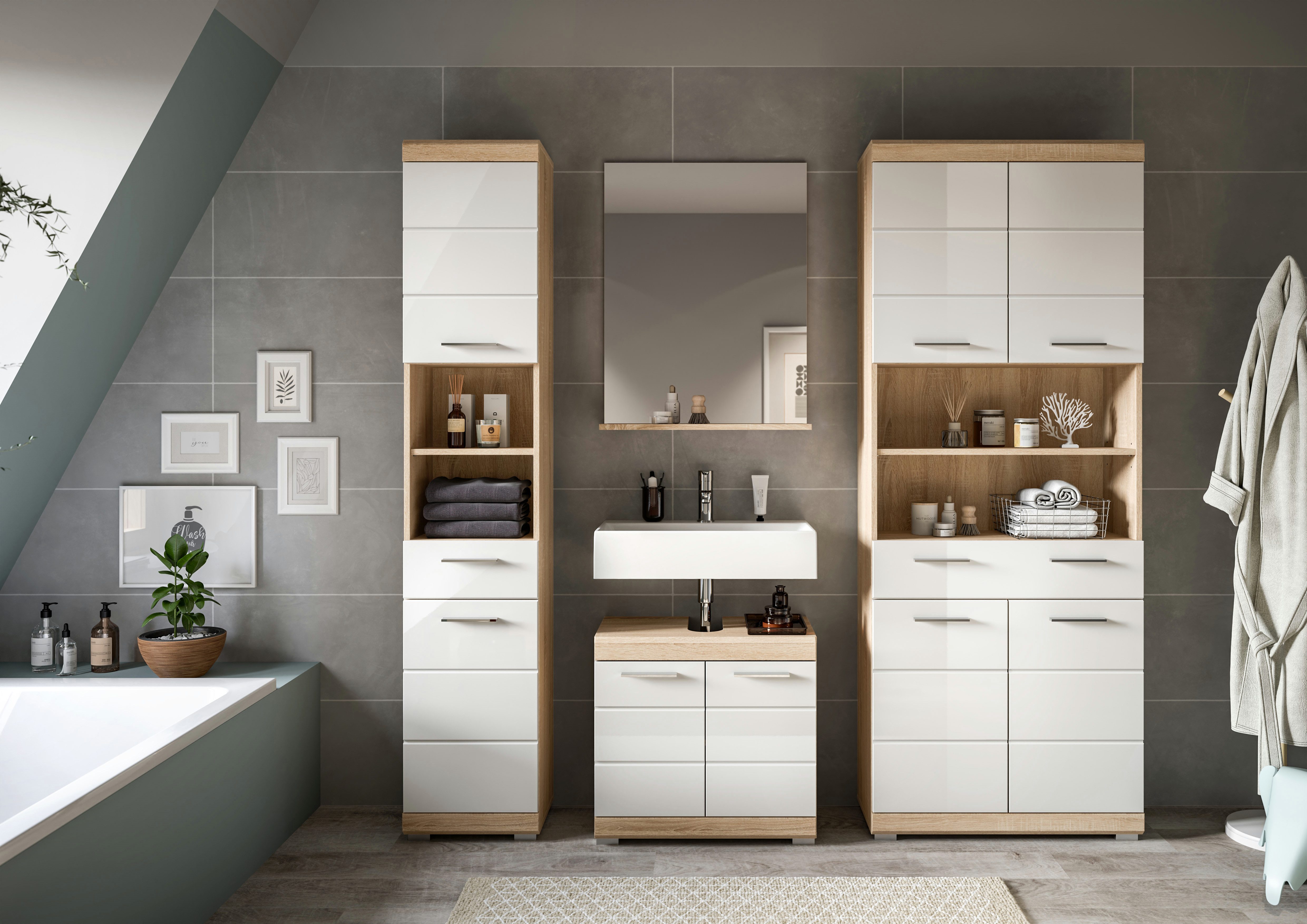INOSIGN Hoge kast Siena, breedte 74 cm, 4 deuren, 1 lade, 2 open vakken, MDF-front in verschillende kleuren verkrijgbaar, badkamermeubels, badkamerkast, kast, badkamer
